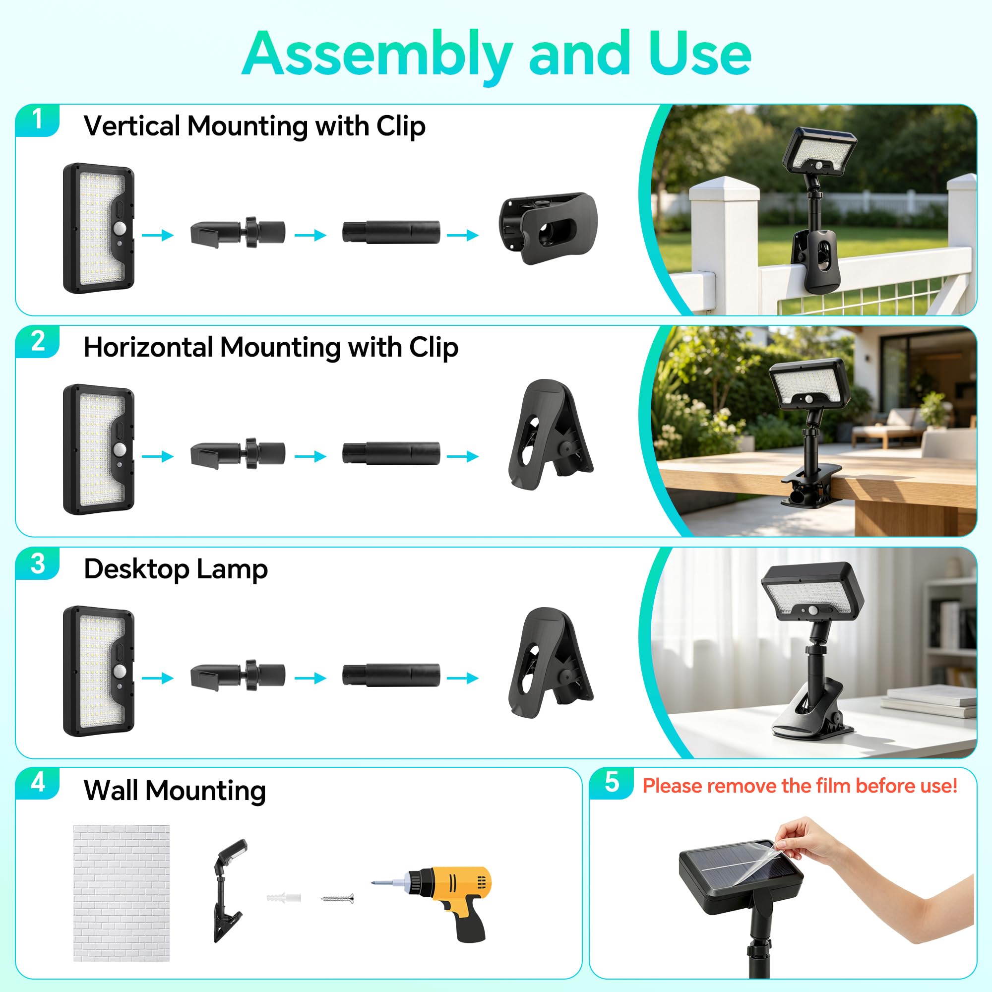 Lampade solari a clip per recinzione con sensore di movimento, applique da esterno, 2 pezzi | Ricarica solare e USB-C, 3 colori, con telecomando, IP65, rotazione 360° e inclinazione verticale 45°