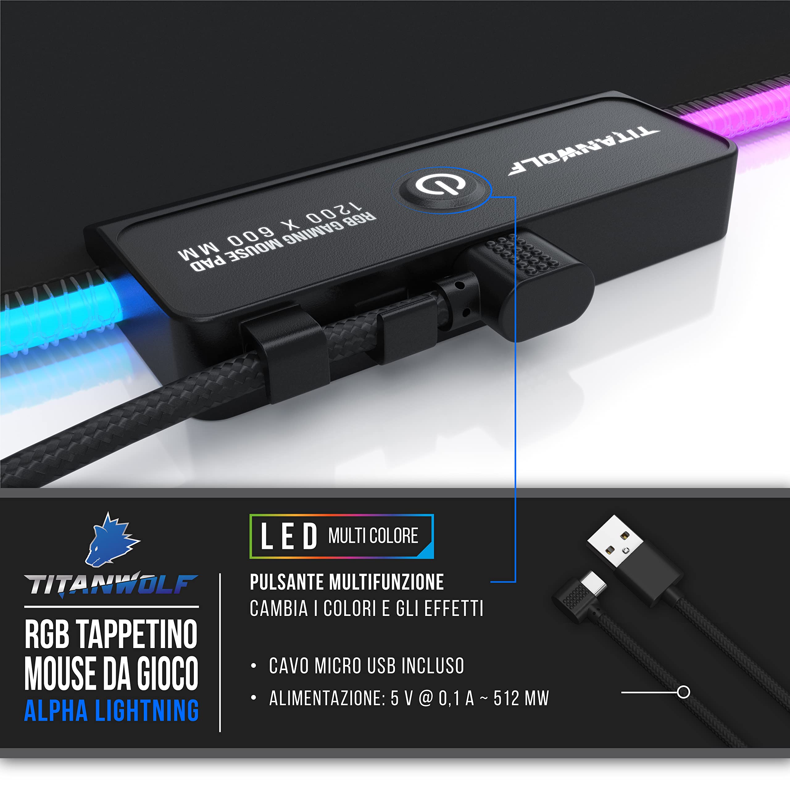 TITANWOLF - New RGB LED Tappetino Mouse Gaming Grande XXXL – 1200x600mm – Mousepad USB - OLED Multi Color - 7 Colori più 4 Effetti – Retro gommato Antiscivolo - New 2022