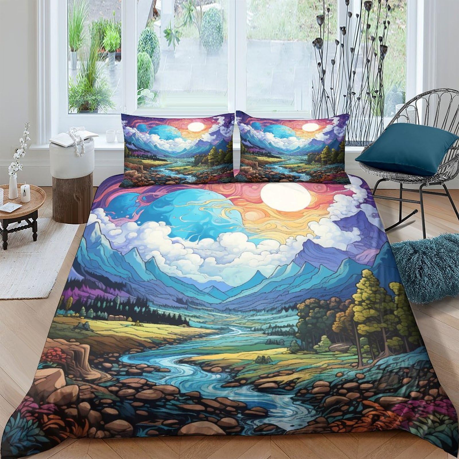GPLZQXKJNH 3D Printed Mountain Landscape Duvet Cover Microfiber Soft Breathable River Valley Bedding Set with 2 Pillowcases for Bedroom Home Rental Single（135x200cm）