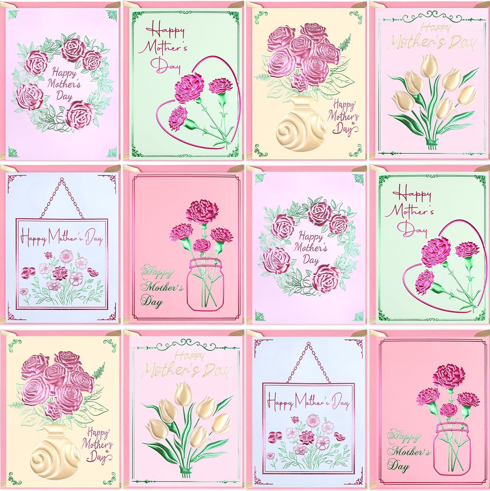 Fancy Land 24 Pack Embossed Happy Mothers Day Cards with Envelopes Floral Mother's Day Gift Cards Blank Inside