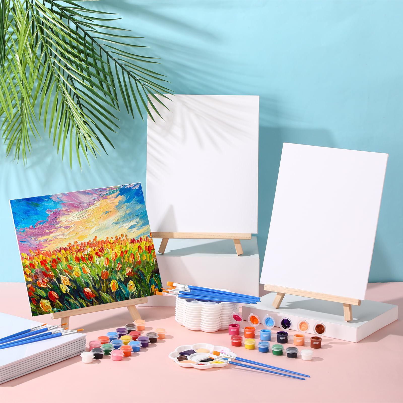 Qilery Juego de 24 tableros de lienzo y caballete de 8 x 10 pulgadas para pintar, tiras de pintura acrílica, paletas, pinceles, lienzos, kits de pintura para niños, adultos, artistas, principiantes