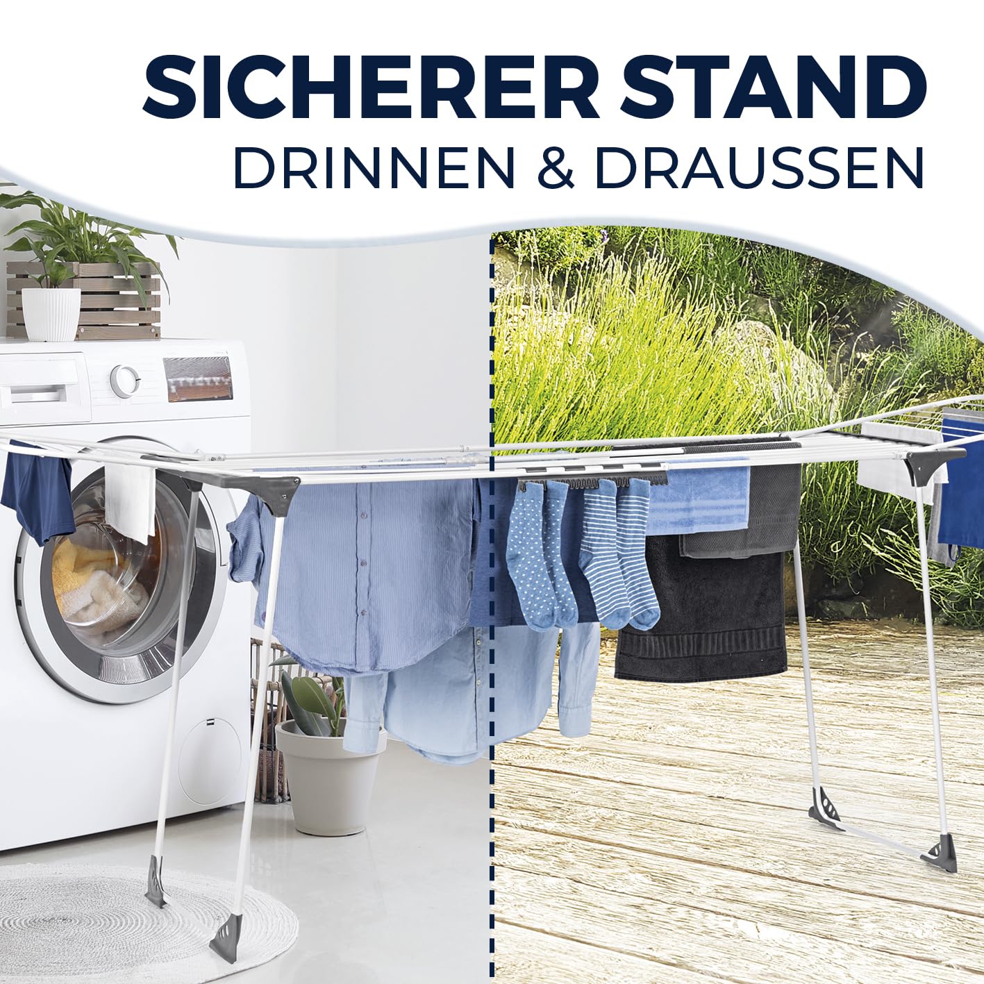 EASYmaxx Falt-Wäscheständer 2500 mit 25m Trockenlänge | XXL Wäscheständer Teleskop - ausziehbar bis 260cm | mit Rollen | Bettlaken & Handtücher stromlos drinnen und draußen trocknen