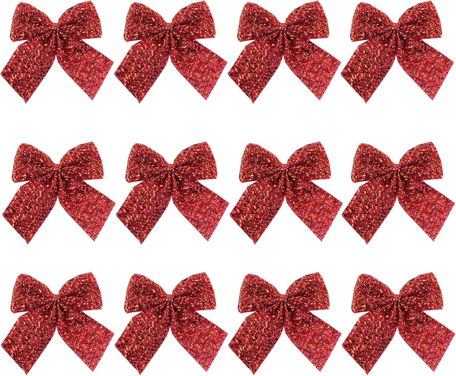 12 RED Glitter Tinsel 7cm Bows Christmas Wedding Decoration Tree Card Crafts Bow
