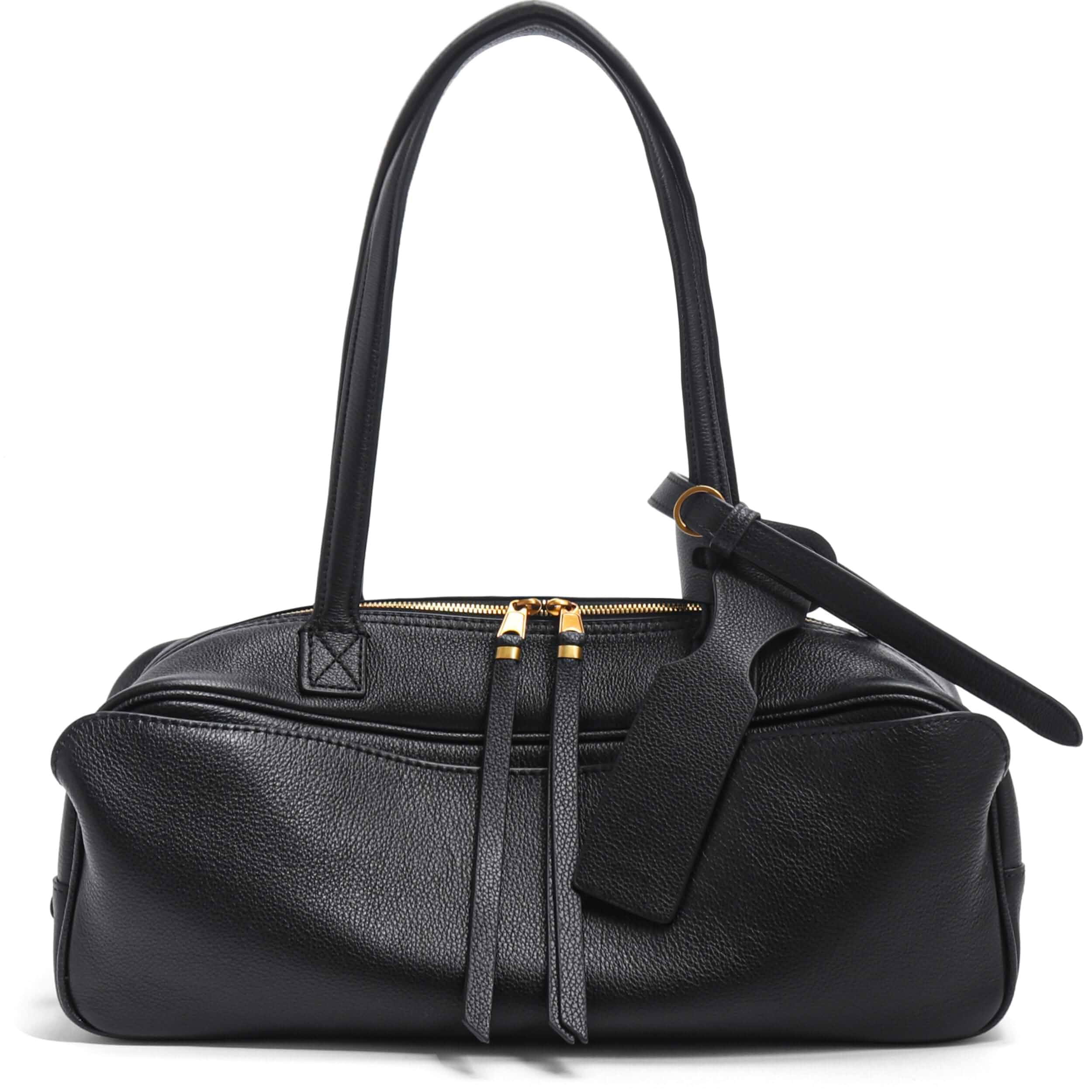 Top Grain Leather Bowler Shoulder Bag for Women, Soft East West Handbag with Zipper, Minimalist Black Everyday Purse