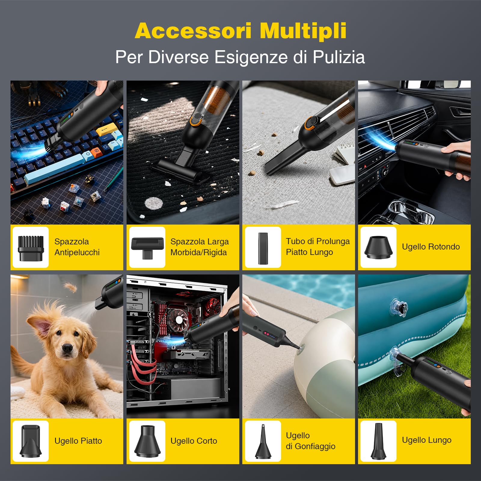Aspirapolvere per Auto Senza Fili 4-in-1, Aspirapolvere Portatile 20.000 Pa/120 W/40 Min, Batteria 7800 mAh, 2 Modalità Aspirazione, Aspirazione e Soffiaggio, Ricarica Rapida USB-C 2,5 ore