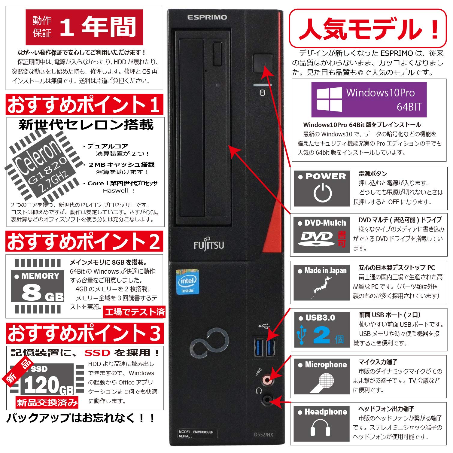 Amazon.co.jp: 中古パソコン Windows10 デスクトップ 一年保証 富士通