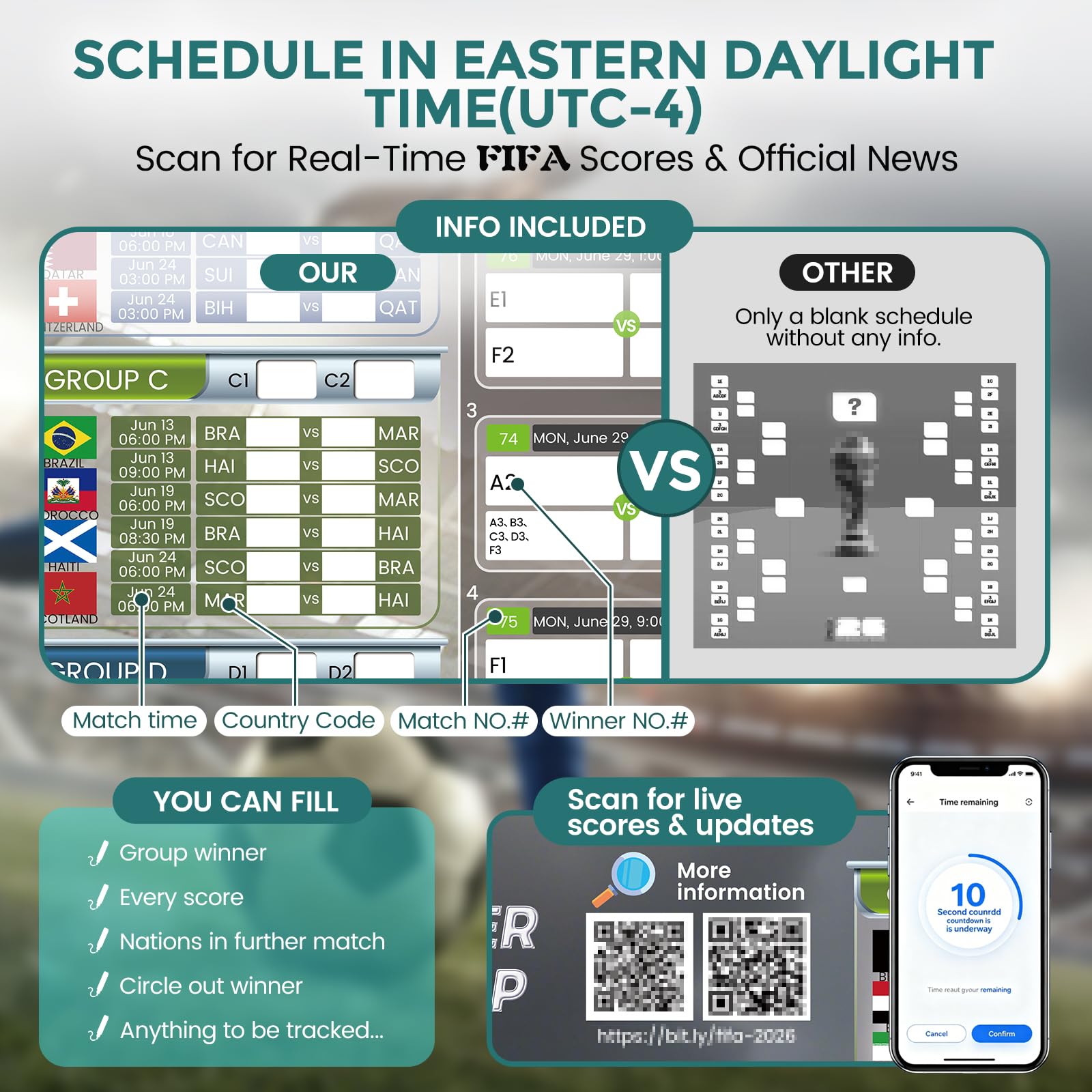 Updated 2026 World Soccer Schedule Poster With Live Score QR Code, 33.1"x22.3" Wall Chart Large Print for All Ages From Grandparents, Father Holiday Gifts for Home Bar Office - 3
