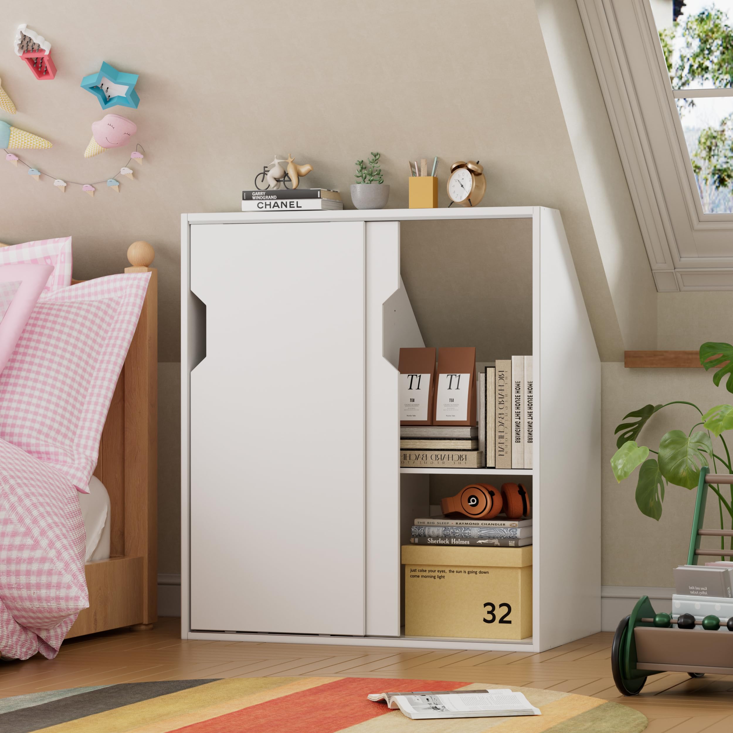 MSFE Dachschrägenschrank mit 2 Türen, Dachschrägenregal 100 x 80 x 52CM Kleiderschrank im schräger Wand Bücherregal in Holz geeignet für die platzsparende Aufbewahrung unter Dachschrägen Weiß