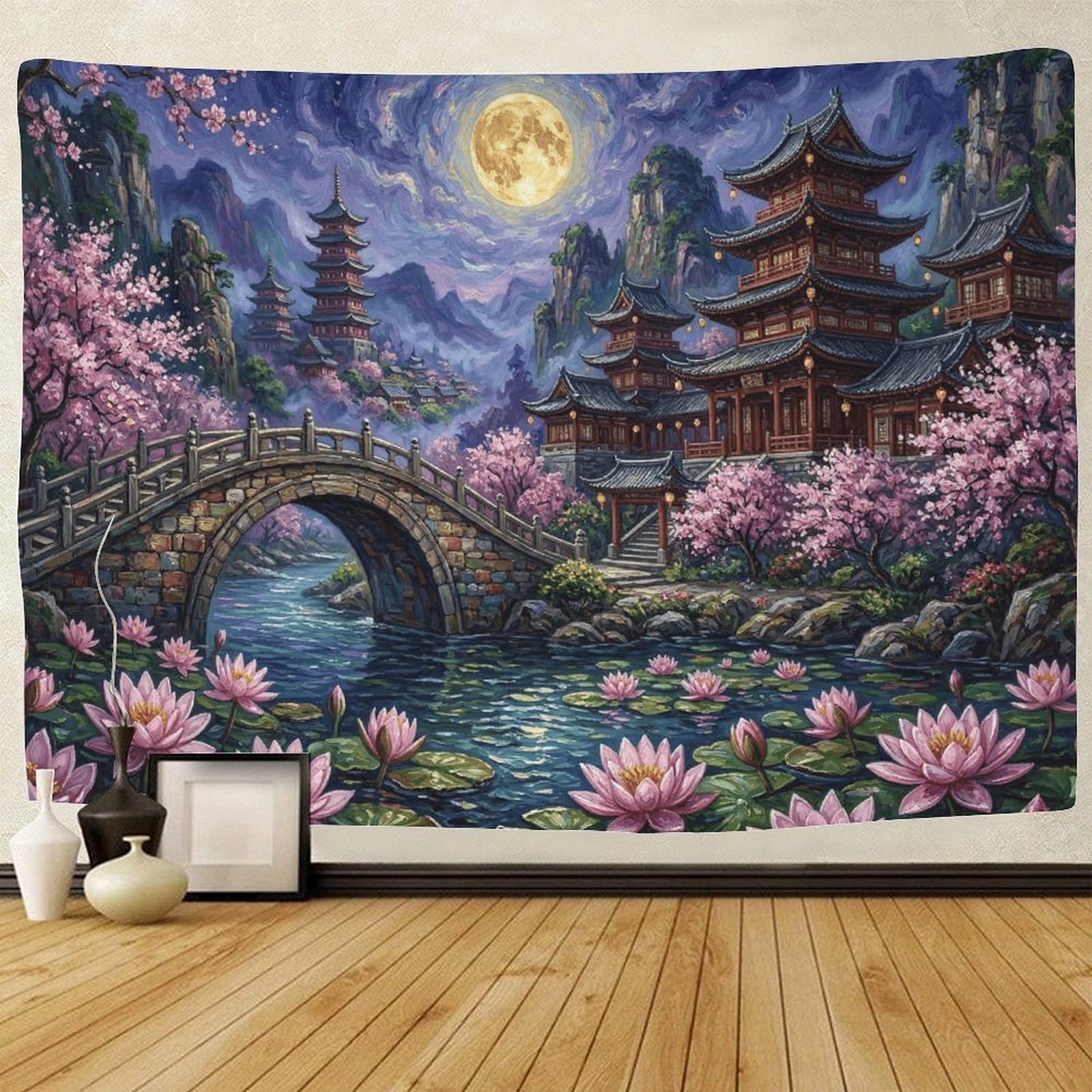 GPMNBCXZK Japanese Pagoda Bedroom Living Room Sakura Landscape 3D Printed Wall Art Tapestry Decor 130cmx150cm