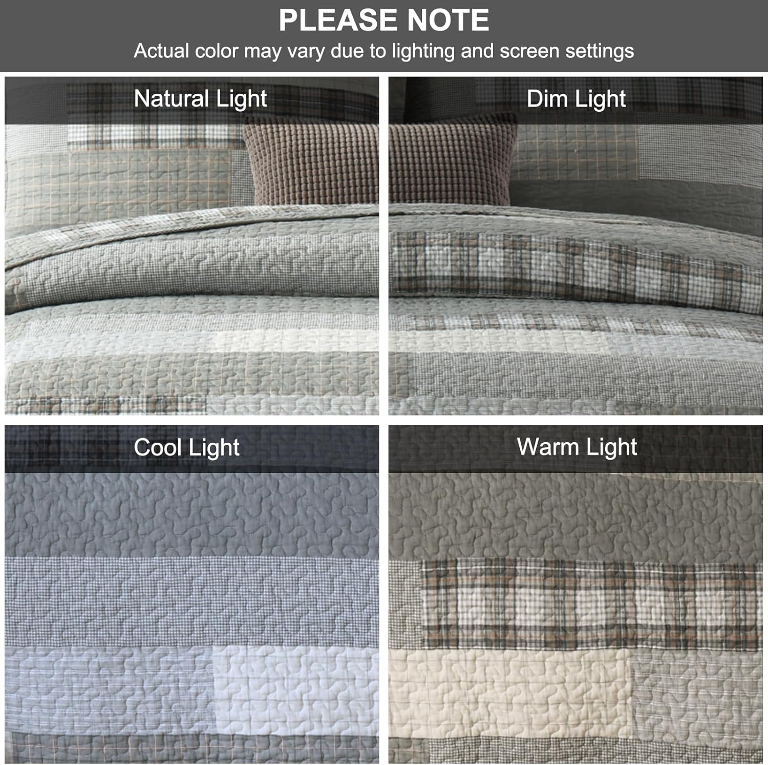 SahSahCasa Quilt Queen Size, Queen Quilt Set, 100% Cotton Queen Quilt Bedding Set Bedspreads, Farmhouse Reversible Patchwork Lightweight Plaid Quilts Bedspread for All Season, Grey/Cream, 3 Pieces - Image 7