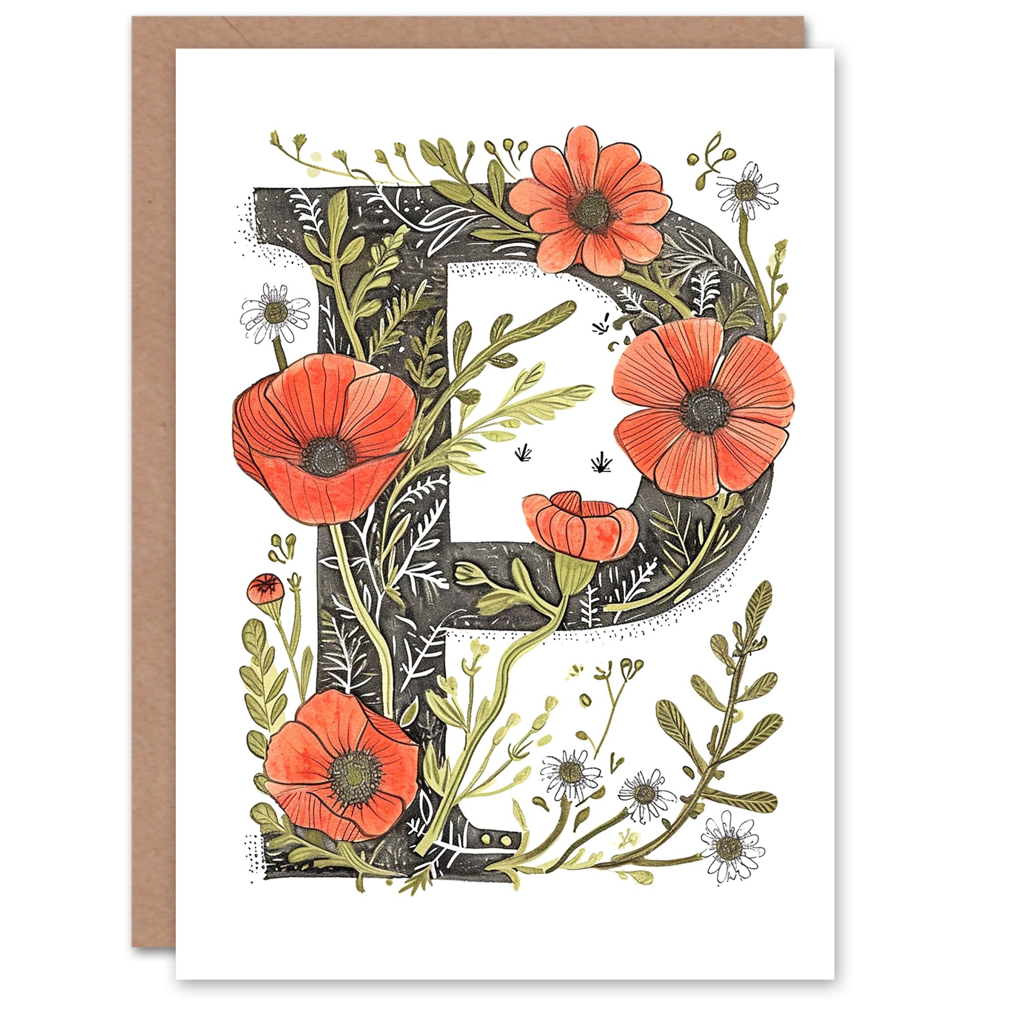 Artery8 Greeting Card Letter P for Poppy Bouquet Bloom Watercolour Rustic Floral Alphabet Florist For Her Birthday Mum Wife Woman Friend