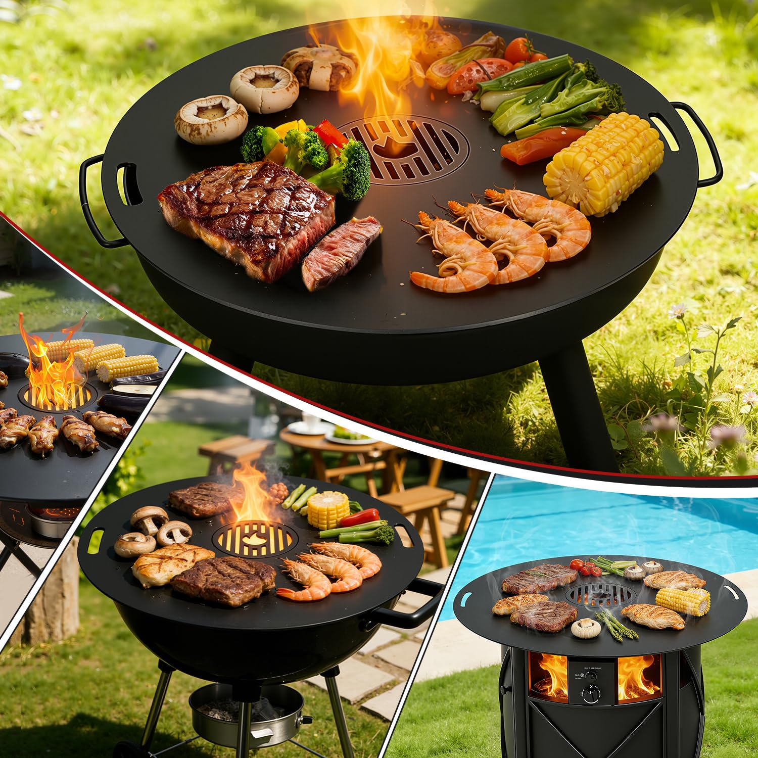 Feuerplatte 80 cm aus Carbonstahl, 5 mm stark, mit herausnehmbarem Grilleinsatz und Hitzeschutzhandschuh, für Feuertonne, Feuerschale und Feuerstelle