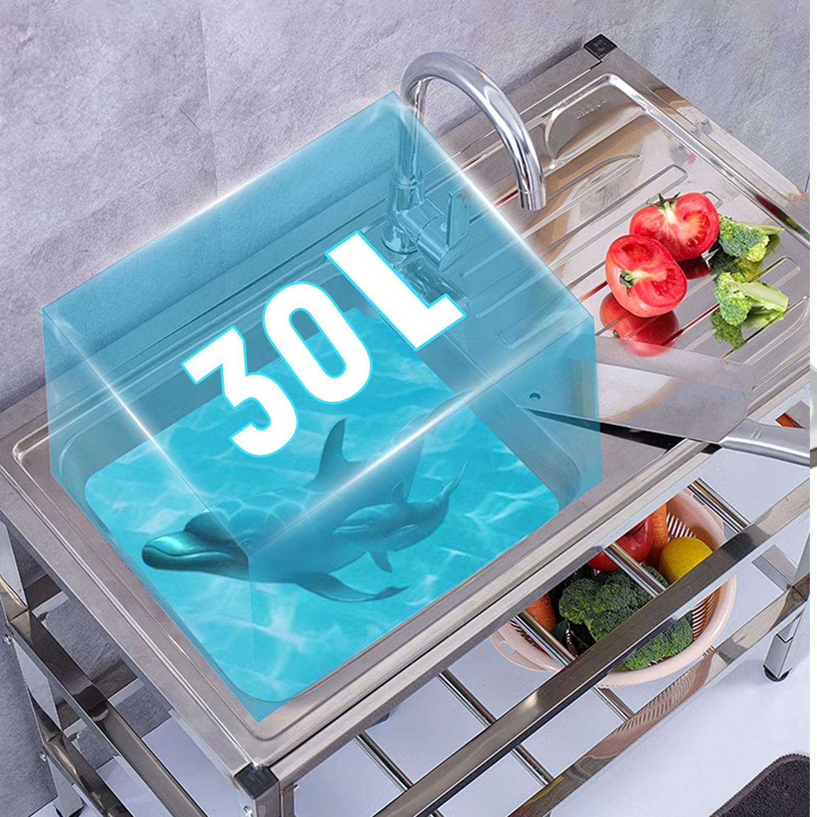 Évier de Cuisine en Acier Inoxydable - Poste de Travail extérieur autoportant avec établi et Robinet, lavabo Utilitaire pour buanderie, Garage, Jardin ou intérieur, Gain de Place