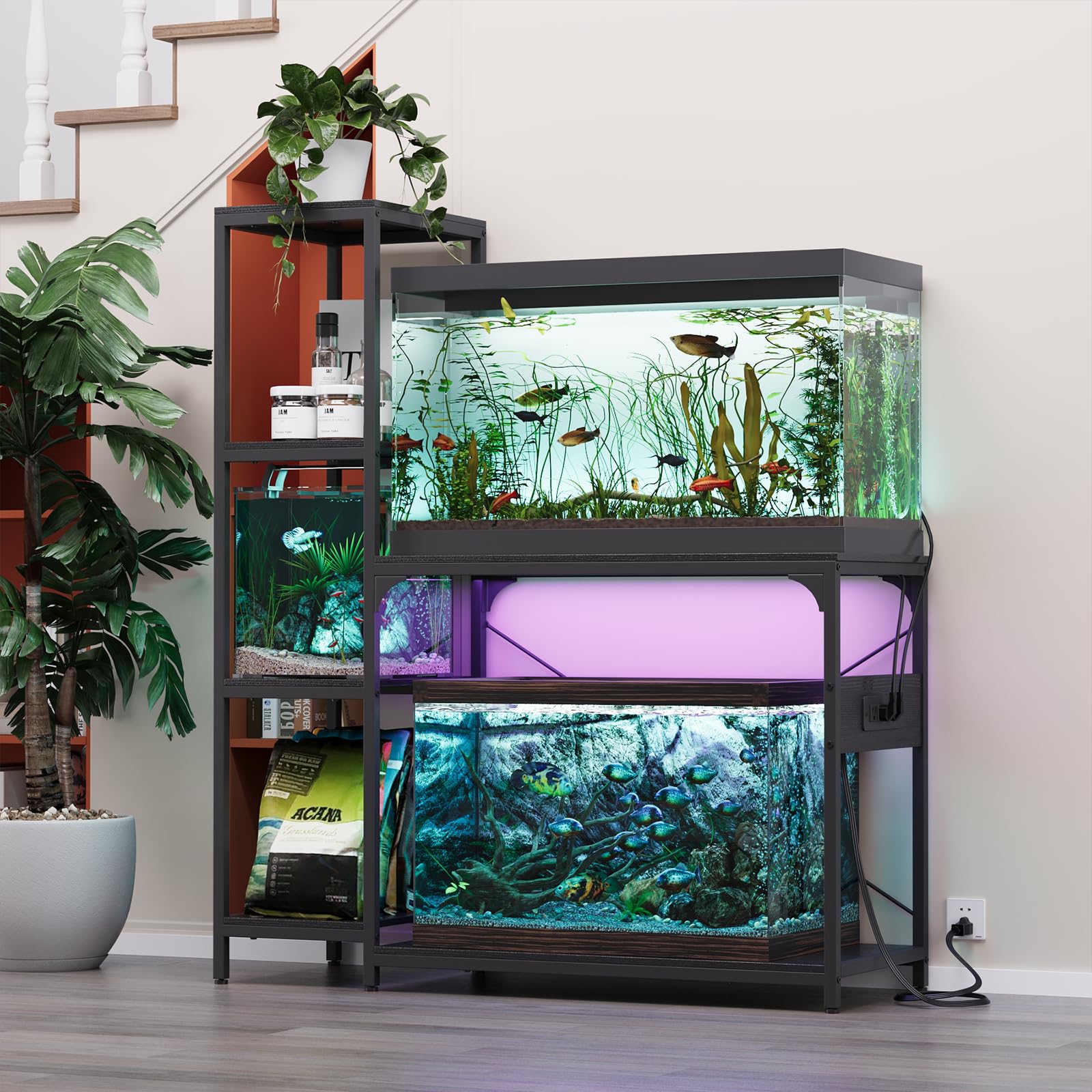 VOWNER Soporte para pecera de 20-29 galones con toma de corriente, soporte de madera para acuario con estantes para almacenamiento de accesorios de pecera, marco de metal resistente, soporte de