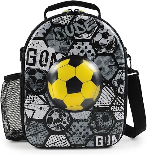Miniatura 2 de Decorably Lonchera de fútbol con tapa dura aislada para niños con diseño de pelota de fútbol metálica, fácil de limpiar con 2 compartimentos
