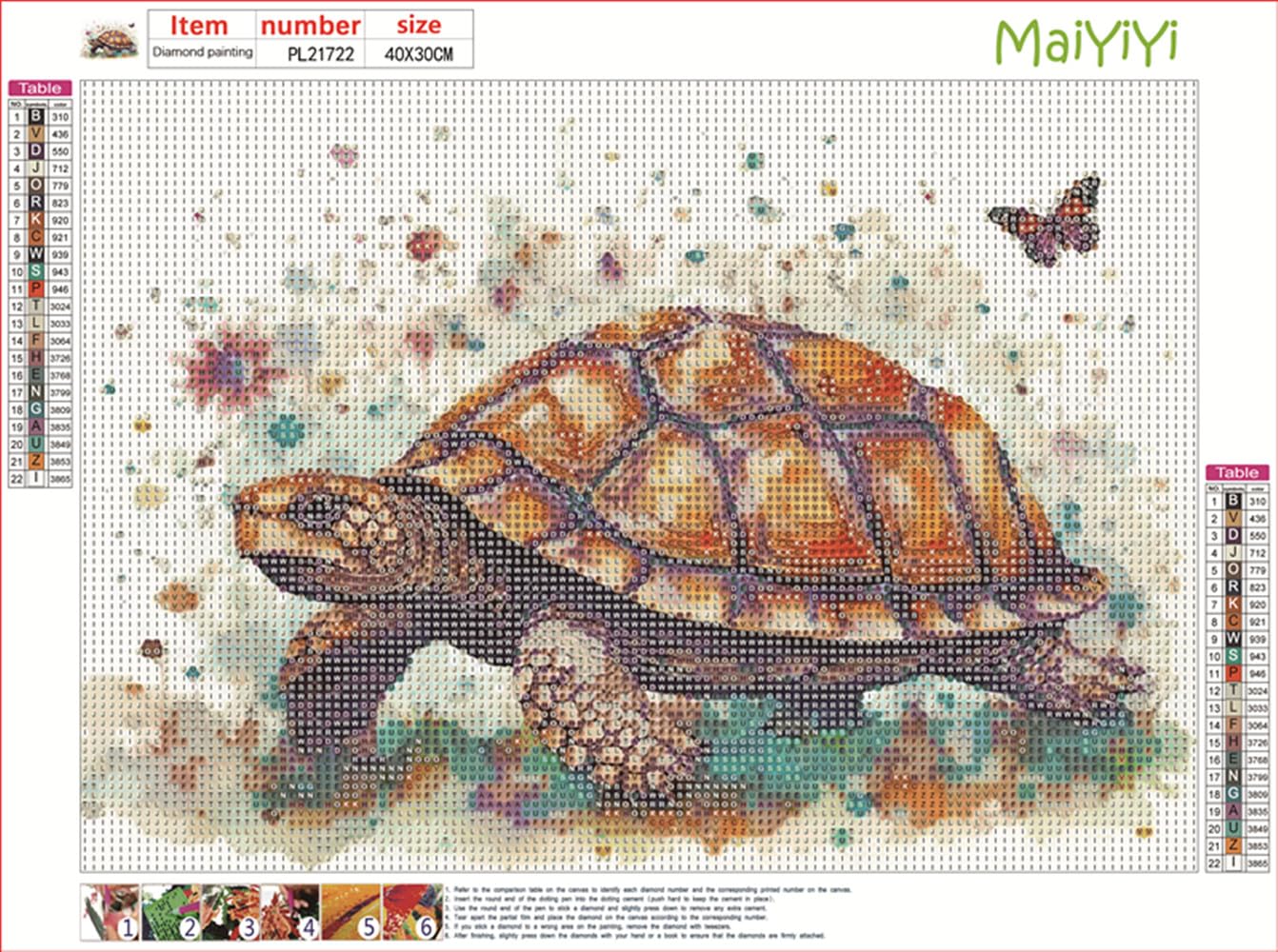 MaiYiYi Butterfly Tortoise Diamond Painting Set, 5D Full Round Drill Sea Turtle and Butterfly Diamond Painting by Numbers, Flower Turtle Paint with Gems for Adult Beginners Wall Art Decor (40X30 CM)