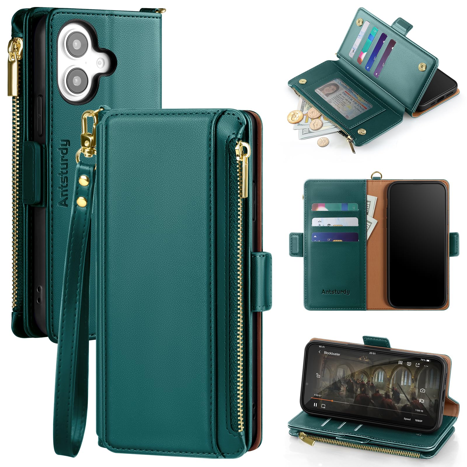 Antsturdy Compatible with iPhone 16 Wallet Case,RFID Blocking PU Leather Phone Case Women Men Kickstand flip Cover Wrist Strap Zipper Credit Card