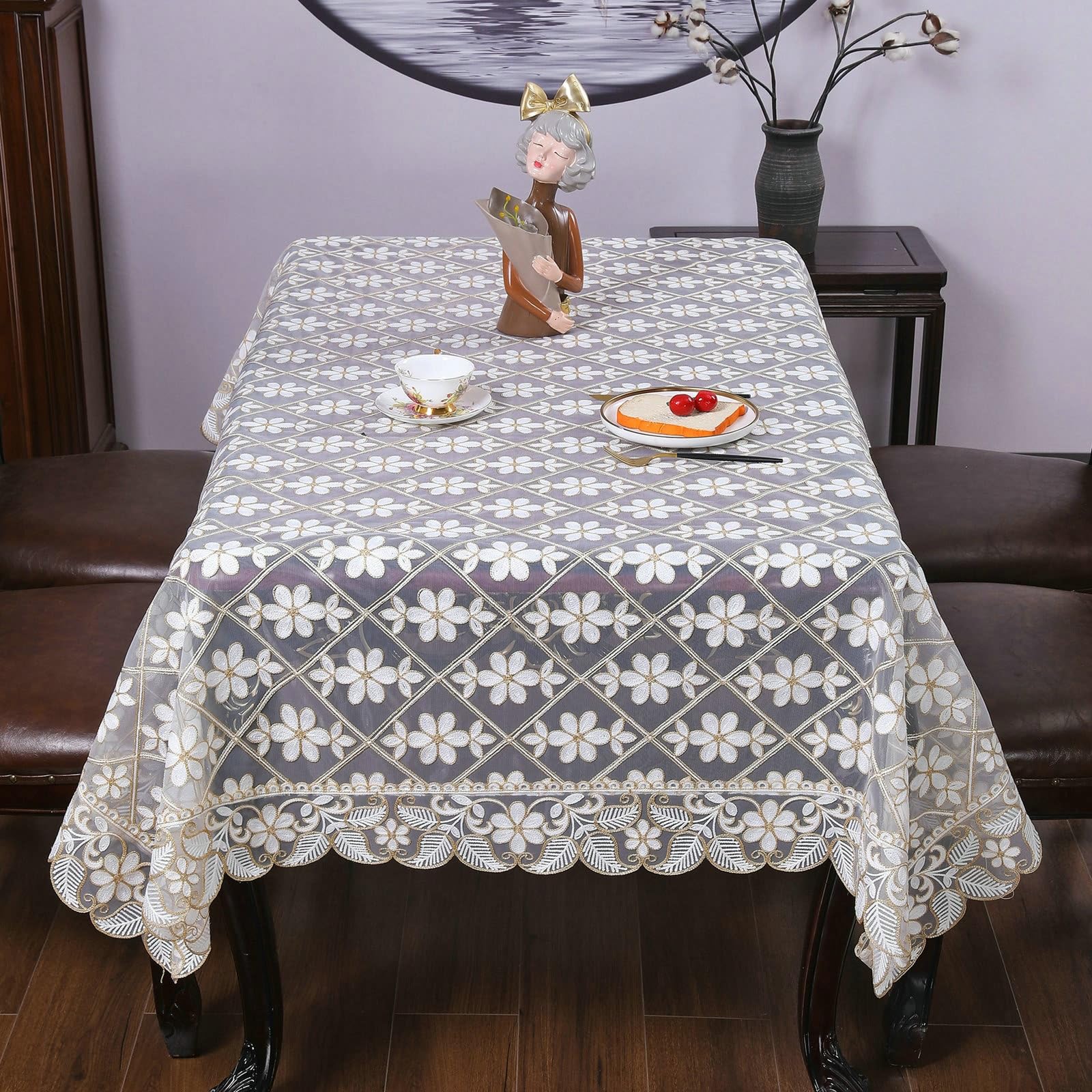 Tovaglia rettangolare bianca caffè, motivo floreale, 150 x 270 cm