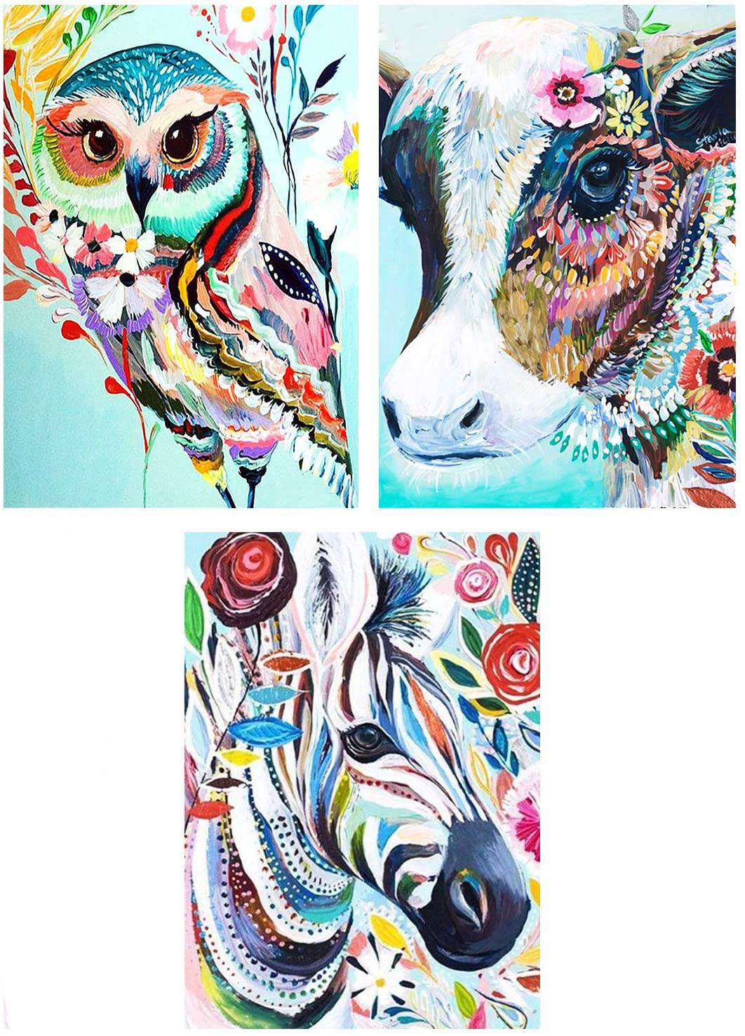 Acrylic Oil Paint by Number Kit On Canvas for Adults Kids Beginners - Rainbow Owl Cow,Drawing Paintwork with Paintbrushes, Acrylic Pigment (A Pack of 3 Sets, 16x20 inch)