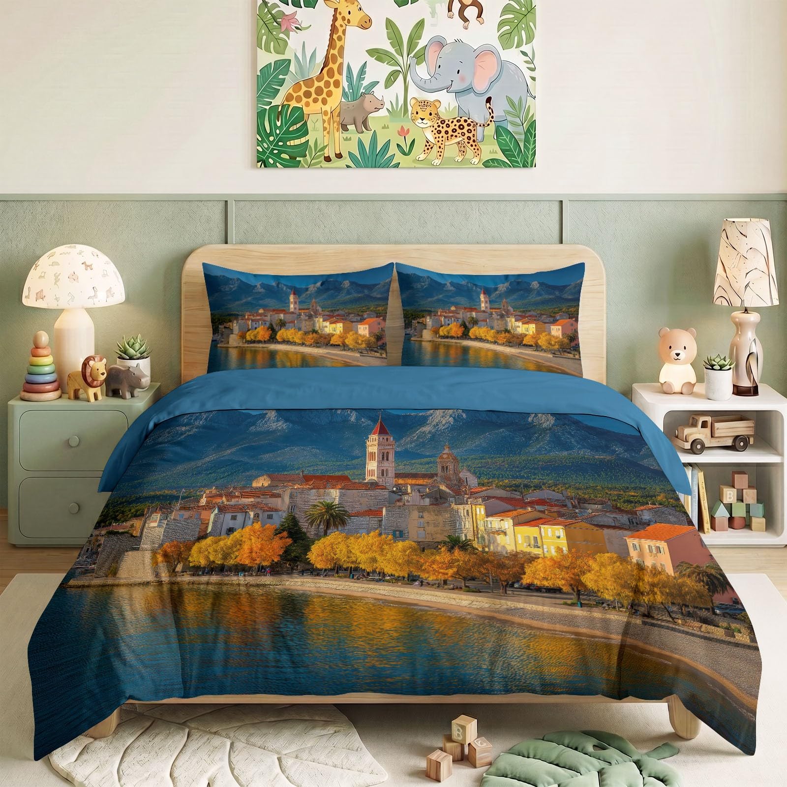 Generisch Bettwäsche Set 3-teilig 200 x 200 cm, Mediterran Vintage Kinderbettwäsche Mikrofaser mit Reißverschluss - Bettbezug Kleinstadt Strand für Jungen Mädchen Hellblau Bettwaren