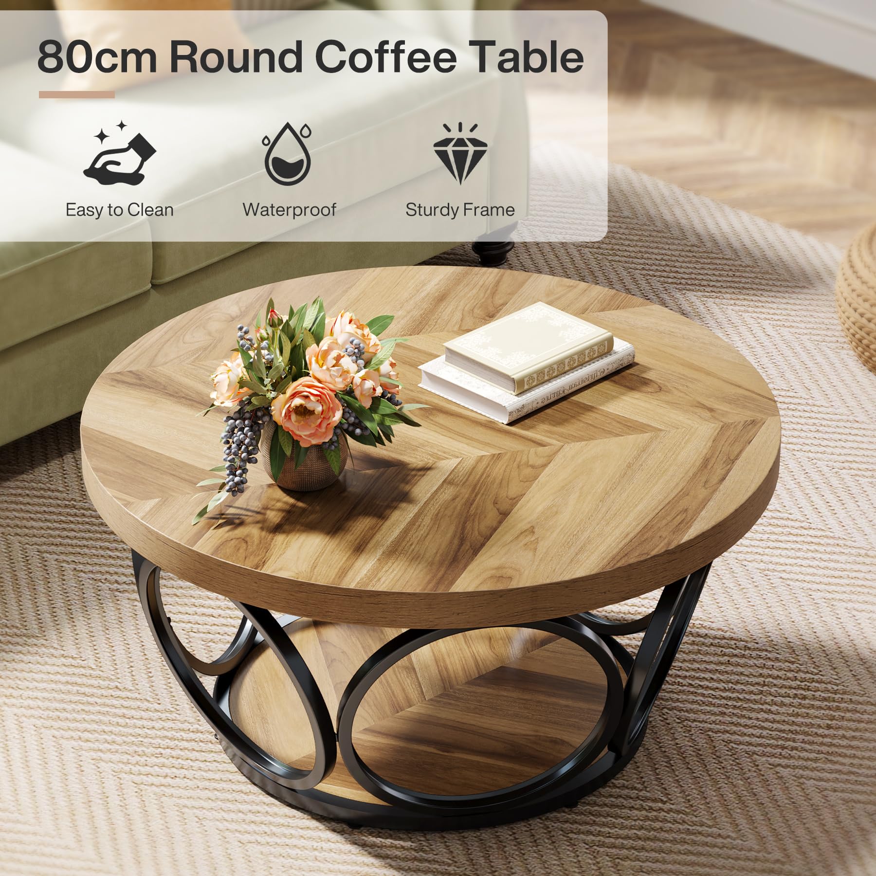 Tribesigns Runder Couchtisch, 80 cm Holztisch mit 2-Ebenen Lagerung, Bauernhaus Große Runde wohnzimmertisch, Moderne Einfache Braune Teetisch (Holzmaserung)