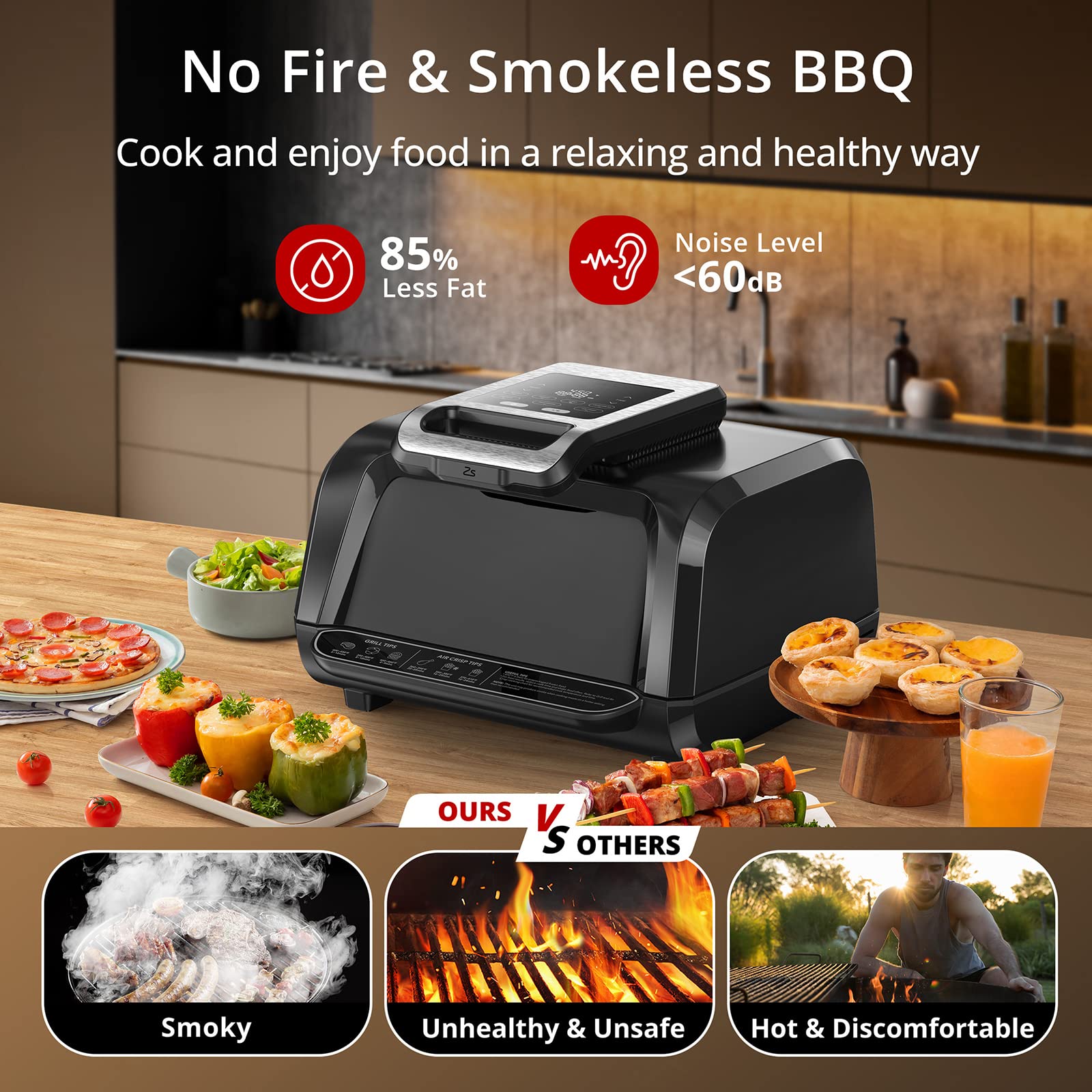 ACONEE Indoor Grill Air Fryer Combo - 7-in-1 Smokeless Electric Air Grill with See-Through Window, Non-Stick Removable Plates, Even Heat, and Silicon Tongs - 4Qt, 1750W, Up to 450°F