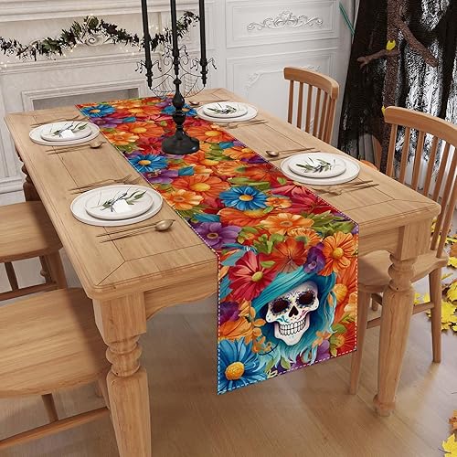 Miniatura 3 de Camino de mesa de lino con diseño de calavera mexicana de 72 pulgadas de largo, diámetro de los muertos, decoración del día de los muertos para el