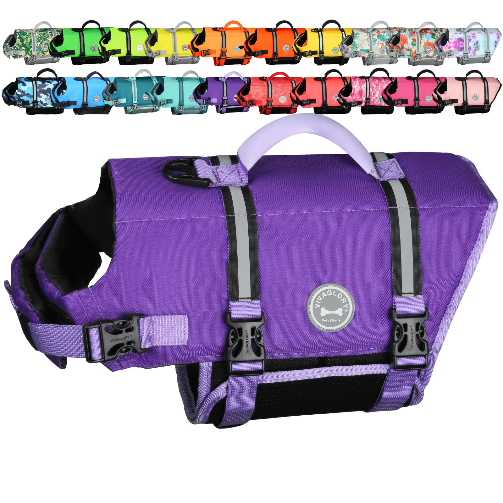 VIVAGLORY Rip Stop Gilet de Sauvetage pour Chien, Veste Flottante, Aide Natation Flottabilité, Sécurité Bateau, L, Violet
