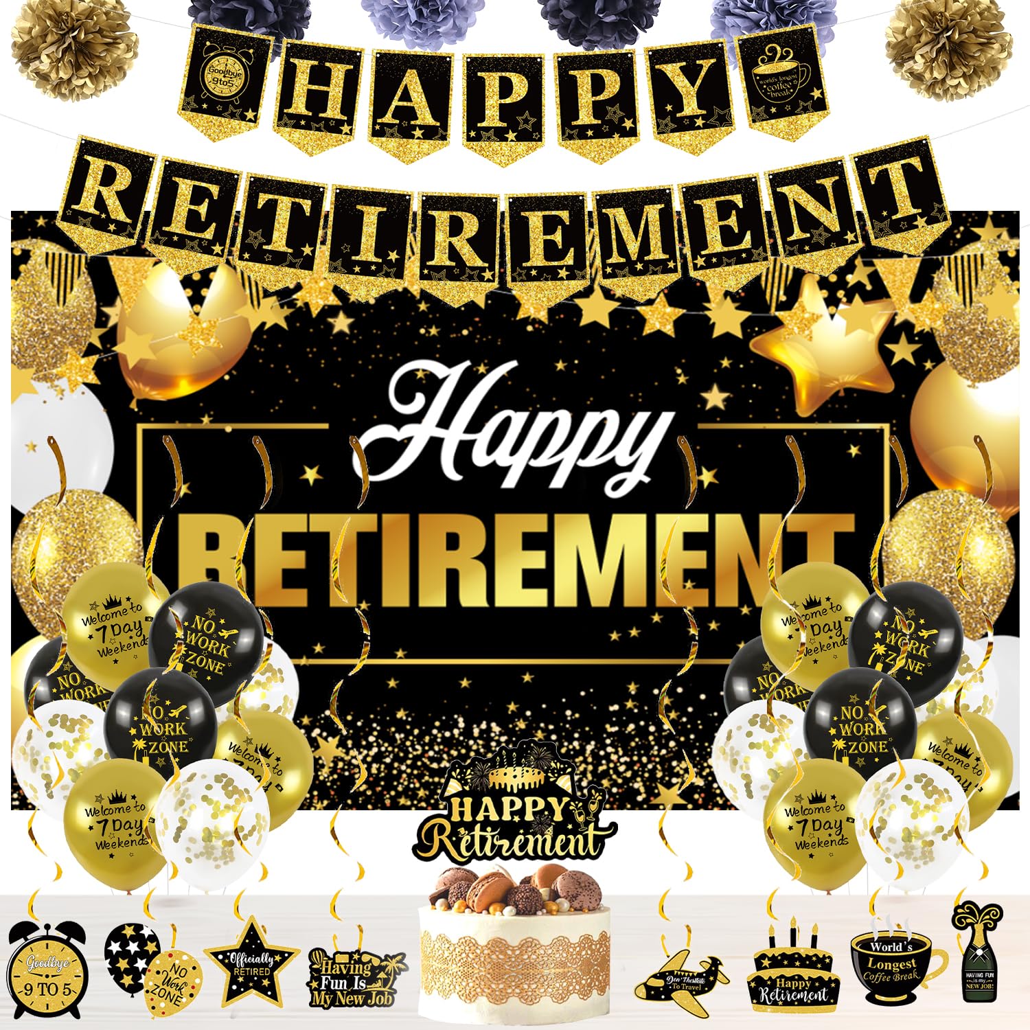 Happy Retirement Party Decorations, Includes Happy Retirement Banner Backdrop, Banner, Retire Poster, 8 Hanging Swirls
