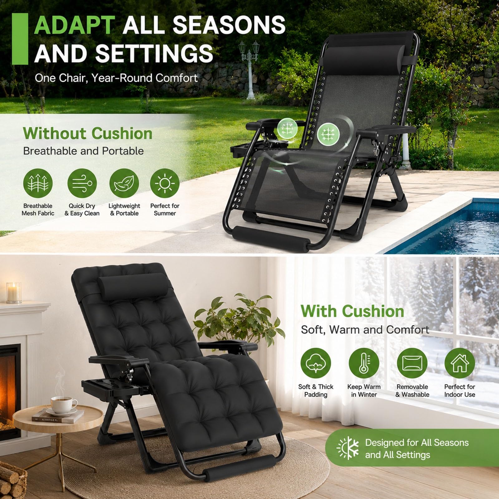Poltrona Zero Gravity XXL 33" Sdraio Giardino Inclinabile 226kg con Cuscino Removibile 10cm Pieghevole Serratura Alluminio Sedia Relax Esterno e Piscina