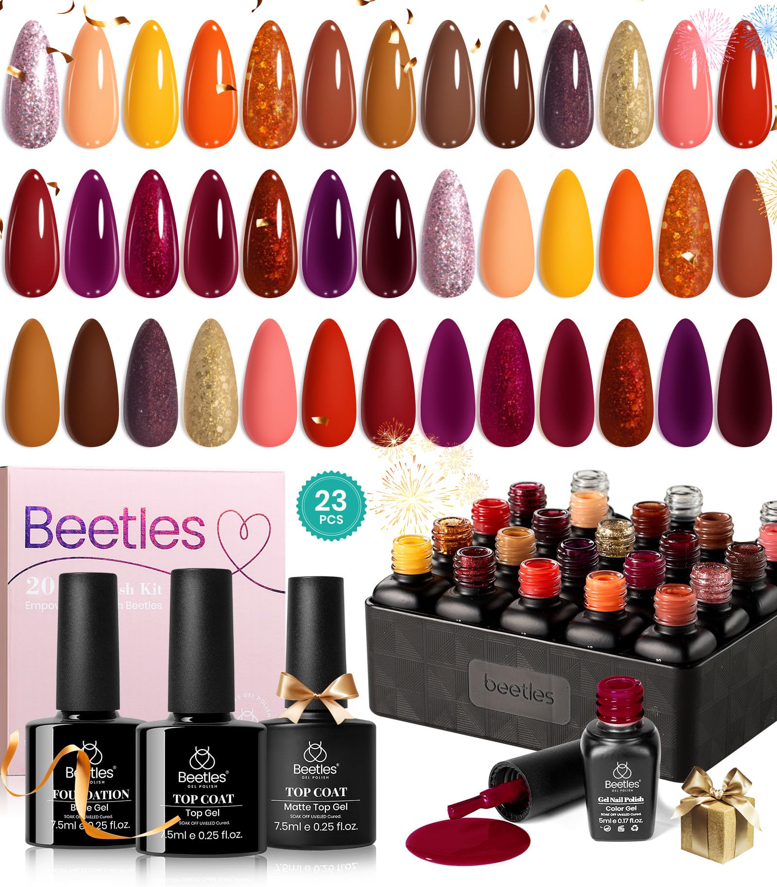 Beetles 23Pcs Fall Gel Nail Polish Kit 20 Colors with Base Gel Top Coat Orange Brown Burgundy Red Yellow Gel Polish Set Soak off Uv Golden Glitter Holiday Nail Art Gift for Girls
