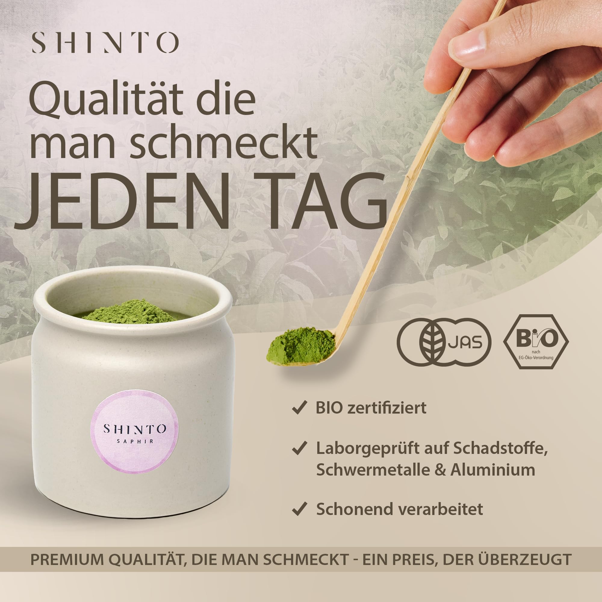Shinto - Bio Matcha Pulver "Saphir" - angenehm spürbares Umami - Ceremonial Matcha Tee beschattet & handgepflückt - florales Aroma mit feiner Frische - Direktimport aus Uji Japan - 30g Tongefäß