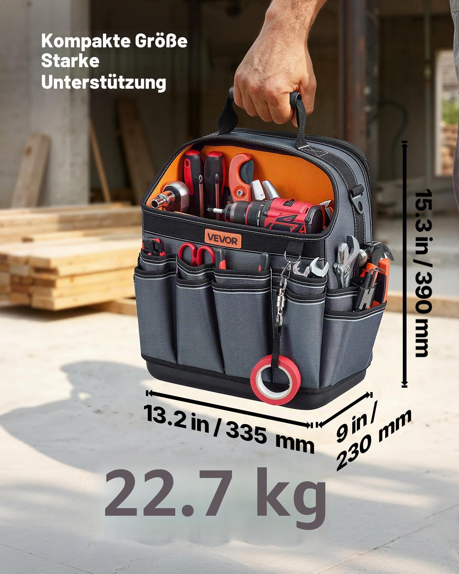 VEVOR Offene Werkzeugtasche 33,5x23x39cm, Aufbewahrungstasche mit 24 Innen- & 15 Außenfächern, Wasserfester Werkzeug-Organizer aus Polyester mit Schultergurt & Tragegriff, Werkzeugtrage für Handwerker