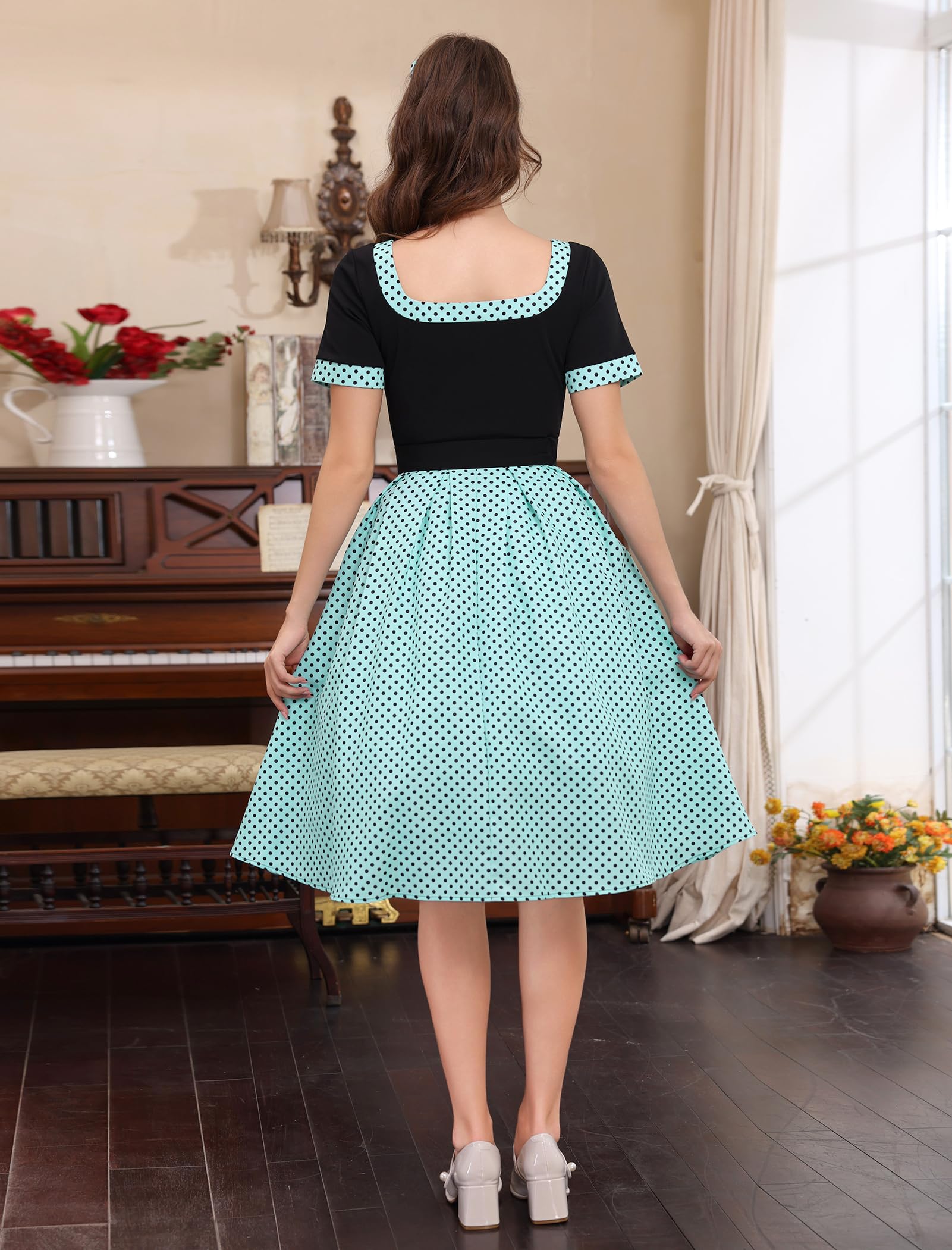 Robe midi vintage des années 1950 pour femme - Style Hepburn - À pois - Manches courtes - Ligne A - Swing Pinup - Robe midi d'été décontractée - Cocktail - Soirée - Robe formelle