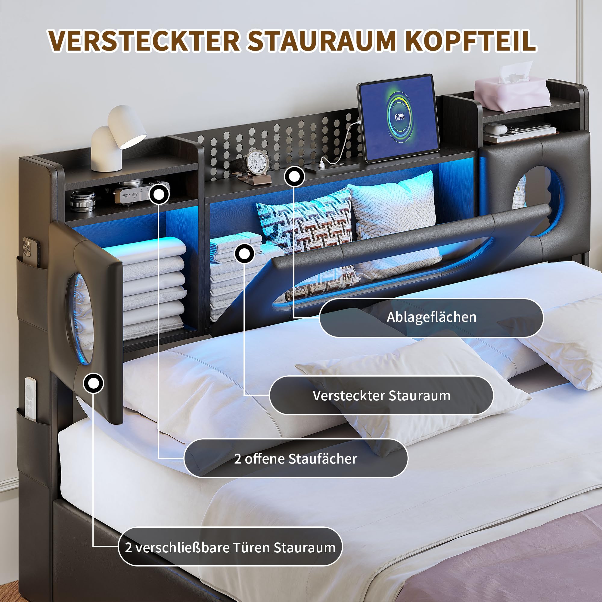 Łóżko tapicerowane, podwójne 160 x 200, łóżko podwójne z miejscem do przechowywania, zagłówkiem i hydraulicznym, zagłówek LED z USB typu C i schowkiem, łóżko młodzieżowe 160 x 200 cm, ze