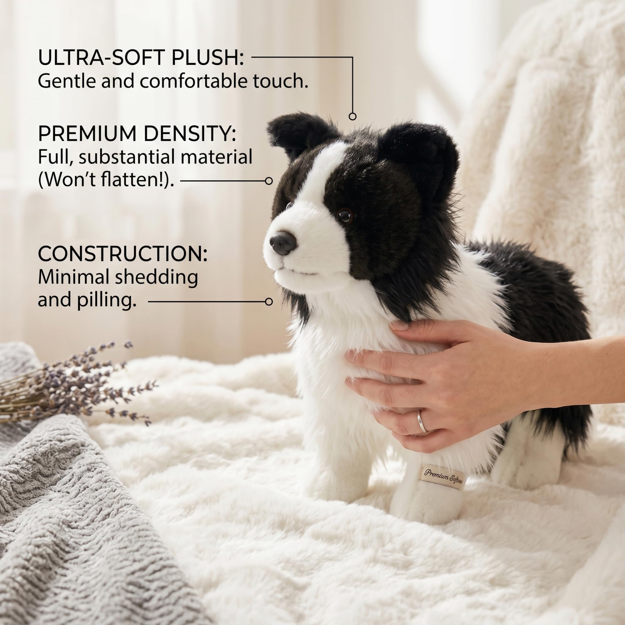 Peluche Border Collie, Animal de Peluche Border Collie Realista - Peluches Suaves para Perros, Blanco y Negro, 27 cm/10, 63 Pulgadas