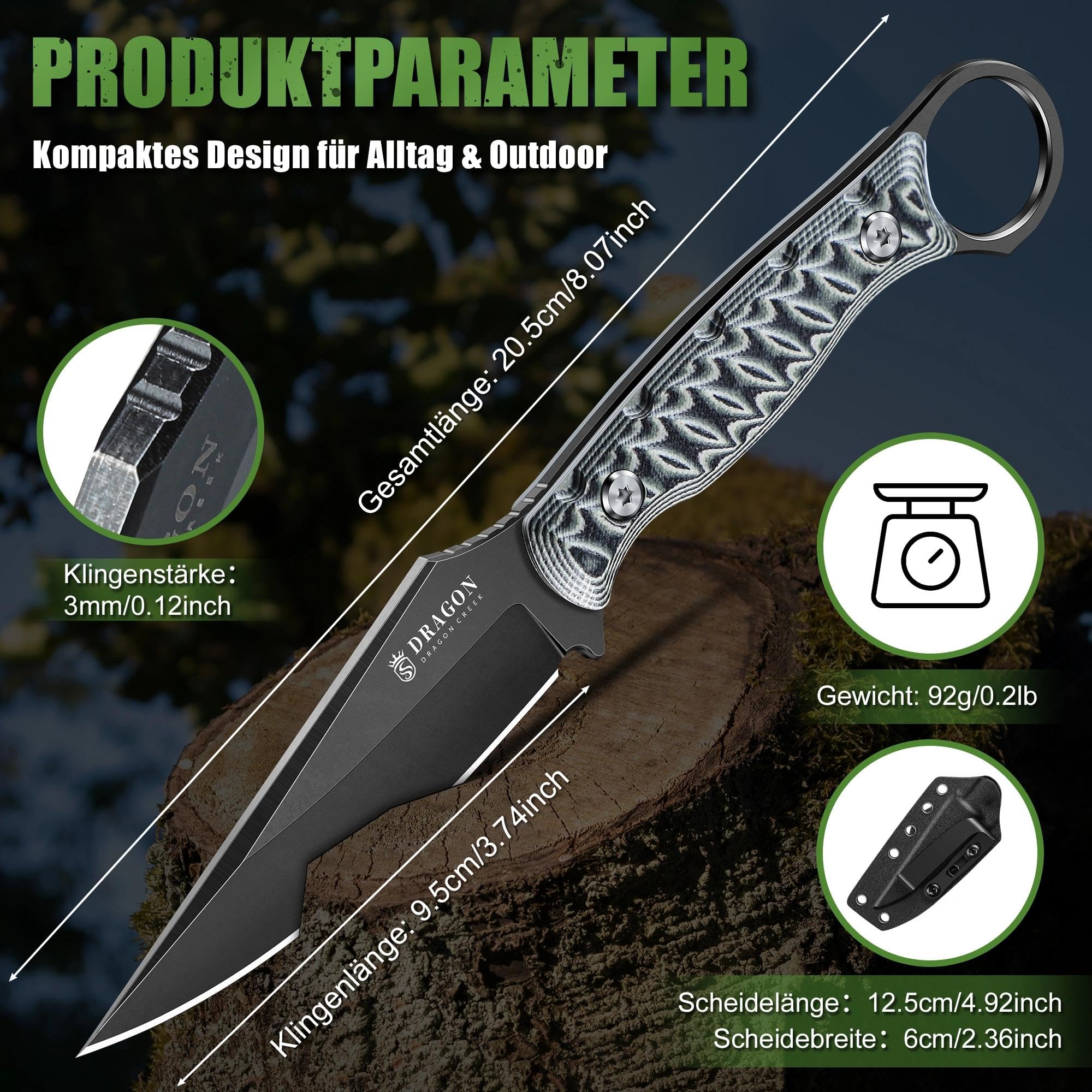 Dragon Creek Feststehendes EDC-Messer, ausgestattet mit Kydex-Scheide und Taschenclip Die einteilige Vollkonstruktion eignet sich für Outdoor, Camping, und Wandern(Grey)