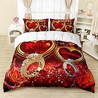 Vista 74 de AILONEN Juego de funda de edredón de rosas rojas tamaño Queen, juego de ropa de cama 3D con rosas rojas aceitadas para niñas, funda de edredón