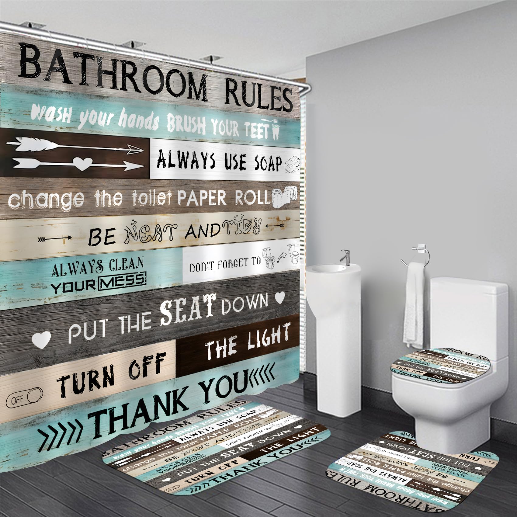 AZHM Juego de cortinas de ducha con citas inspiradoras para baño, 4 piezas, diseño de retazos marrón y verde azulado, juego de decoración de accesorios de baño con cortina de ducha y alfombras