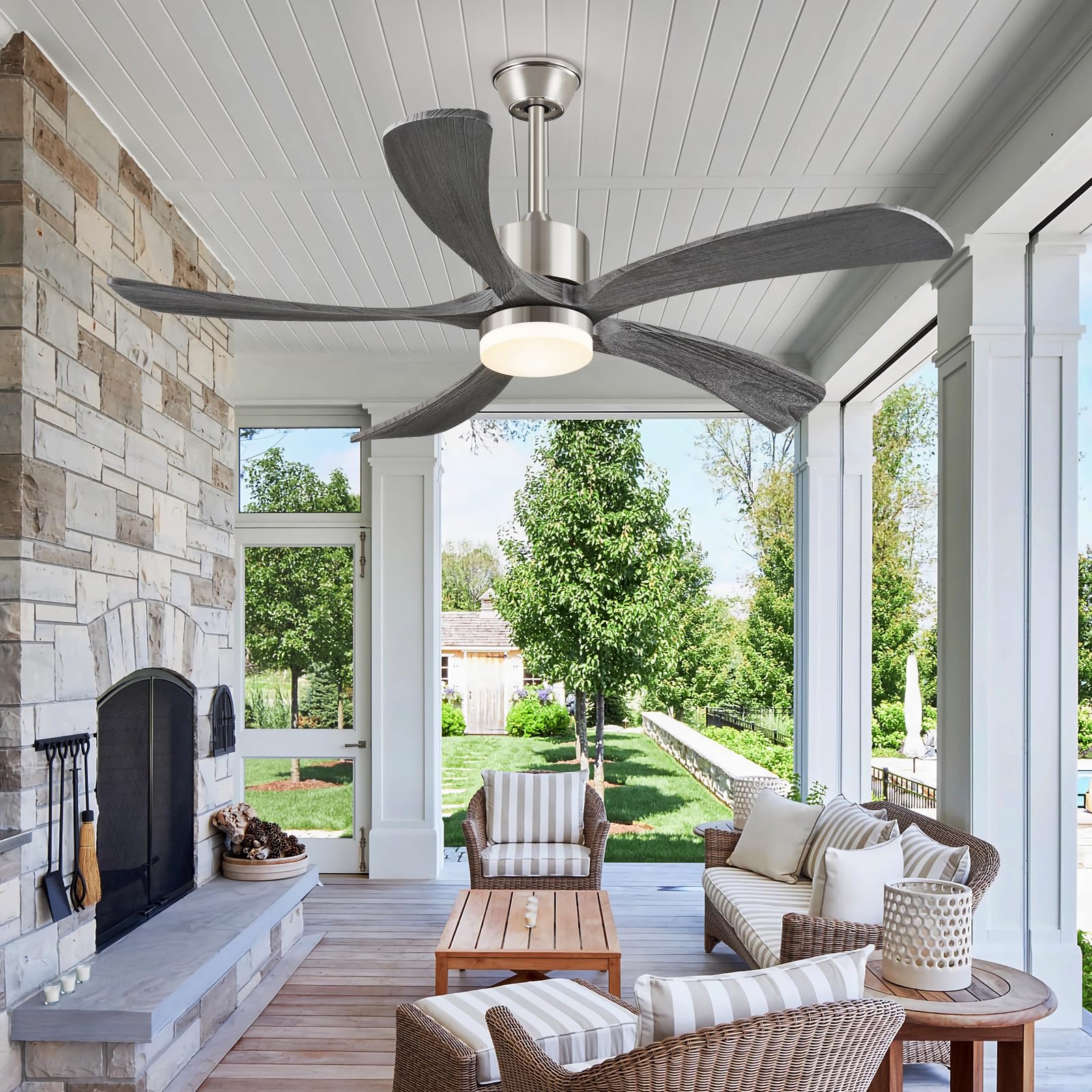 Photo 1 of Ceiling Fan with Lights and Remote Control, 54 Inch Ceiling Fans with Light USA Original Patent, ETL Listed, 3 Downrods, 5 Wood Blades, 6 Speeds Reversible Quiet DC Motor Fans for Outdoor Gray Solid Wood 54" Ceiling Fan with Light