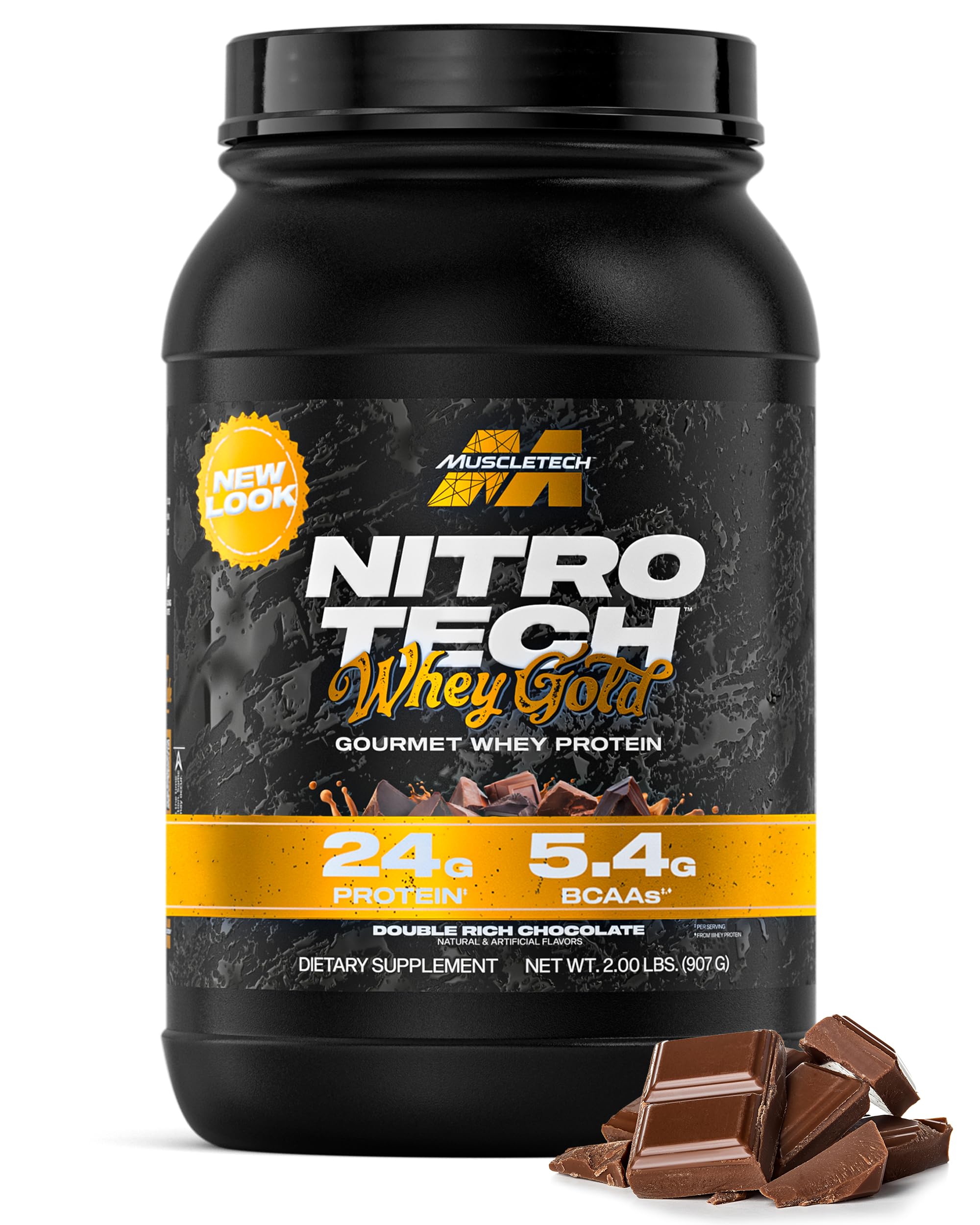 Muscletech Nitro Tech Whey Gold with Peptides & Isolate Primary Source Support Recovery Gluten Free - 24gm Protein, 5.4gm BCAAs & 4gm Glutamine & Precursor, Double Rich Chocolate Flavor, 2.00 lbs