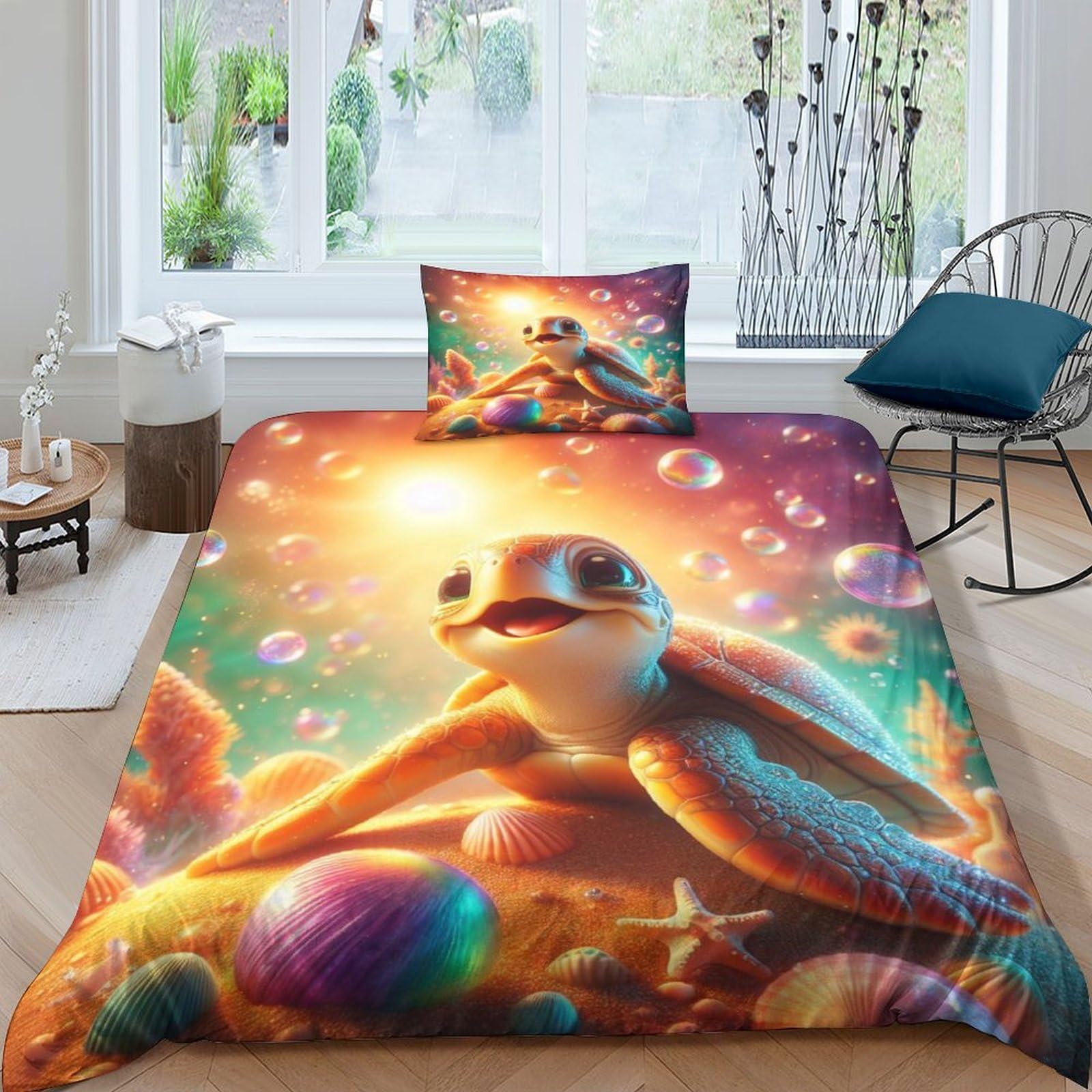 Parure de lit Tortue3D zippée pour éviter la couette qui glisse