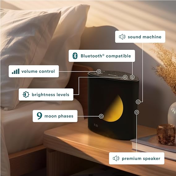Homedics Sound Sleep Moon Dream Sound Machine and Alarm Clock | Enhance Sleep,18 Soothing Sounds, Lunar Display, Bluetooth Connectivity Speaker, and Adjustable Brightness