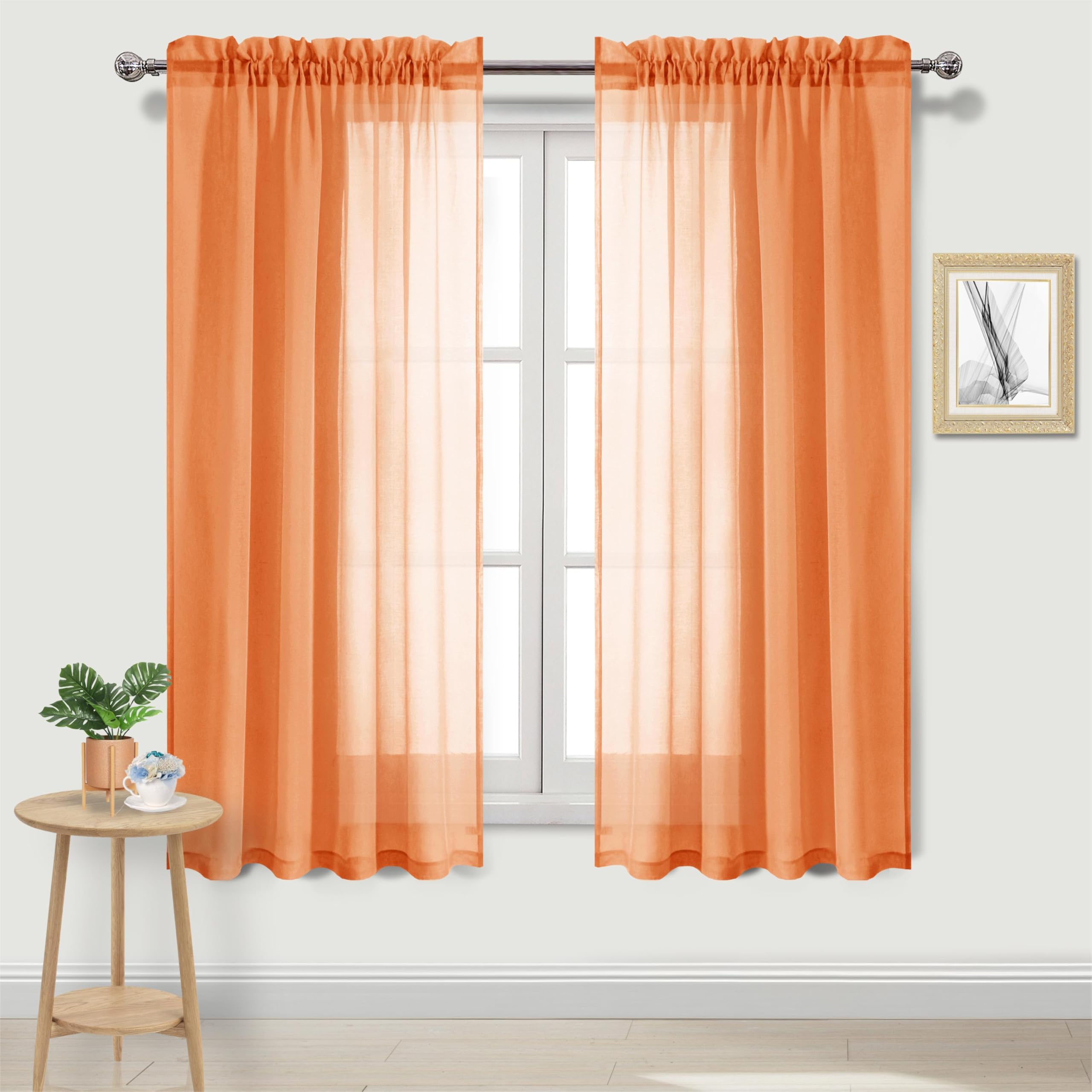 DWCN Sheer Orange Curtains 72 inch Length 2 Panels Set, Rod Pocket Solid Color Gauzy Window Treatments Lightweight Breathable Panels for Bedroom/