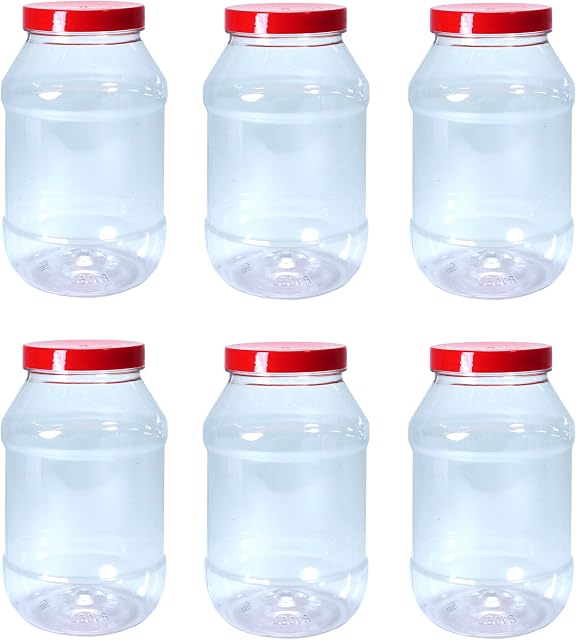 Red Top Plastic Food Storage Canister Size 1000 ml, Pack of 6 by Britten & James. Ideal for Holding Spices, Herbs, Tea, Coffee, Sugar, Flour, Seeds, pulses, Lentils, Pasta and Much More