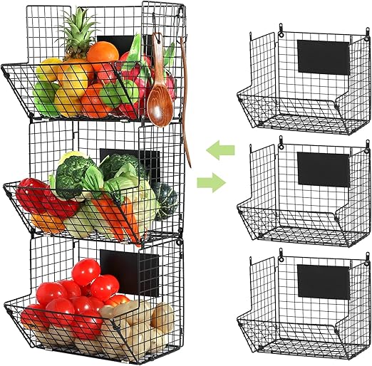 X-cosrack Metal Wire Basket Wall Mount, 3 Tier Wall Storage Basket Organizer with Hanging Hooks Chalkboards, Rustic Kitchen Fruit Produce Bin Rack Bathroom Tower Baskets (Black)