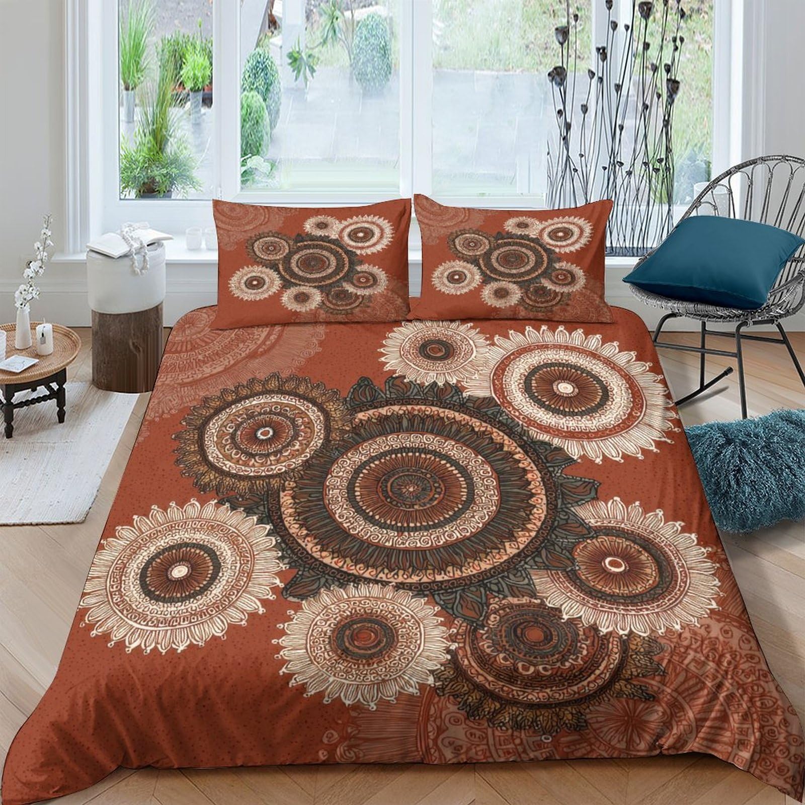 Ctjqhvkz Style-4 3D Printed Geometric Mandala Fitted Sheet Microfiber Soft Brown Boho Sunburst Mattress Cover For Bedroom Decor Single（135X200cm）