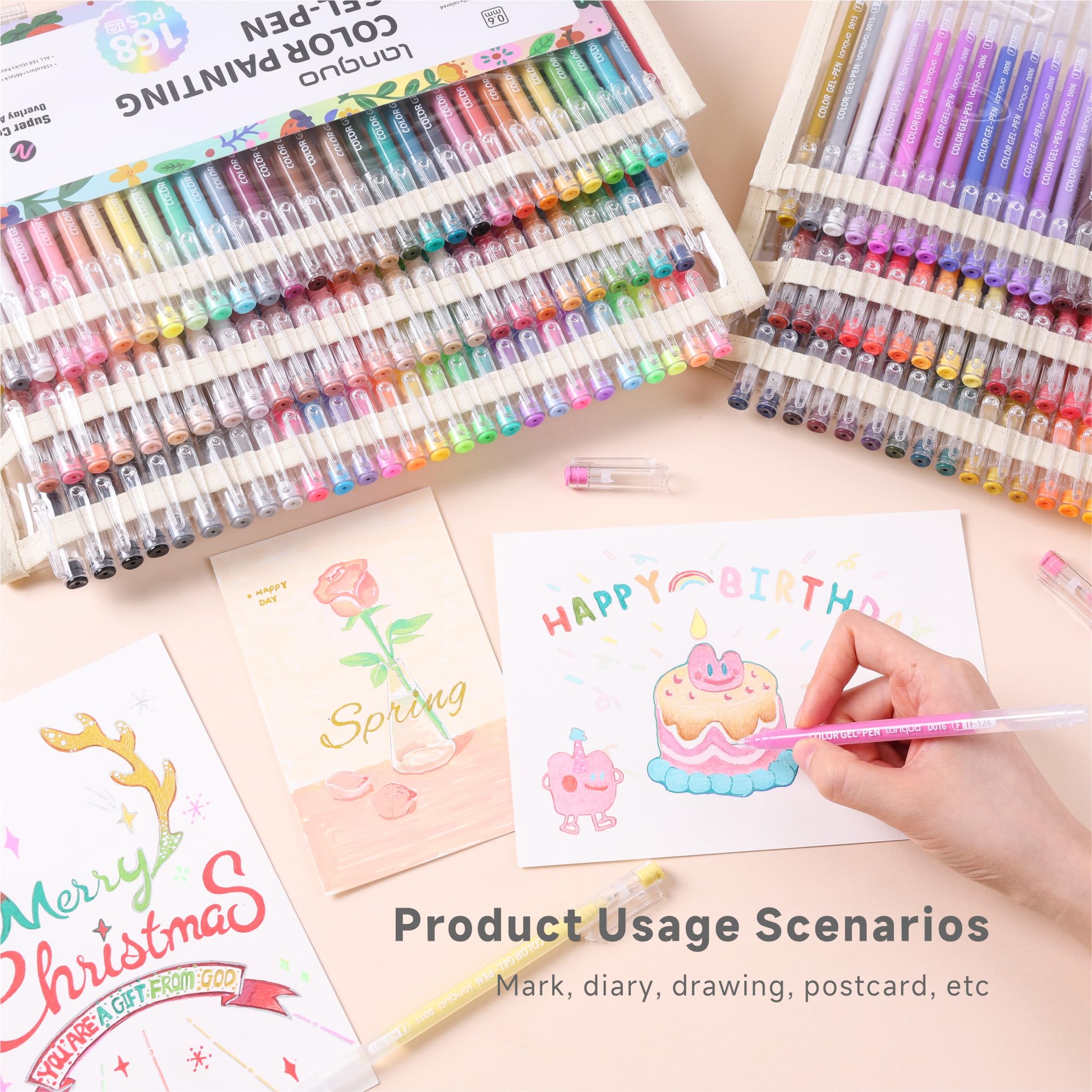 Languo Set mit 168 Gelstiften für Malbücher für Erwachsene, 162 Farben mit Reiseetui, perfekte Gelstifte zum Zeichnen, Kritzeln, Tagebuchführen, Künstlerbedarf und DIY-Handwerk