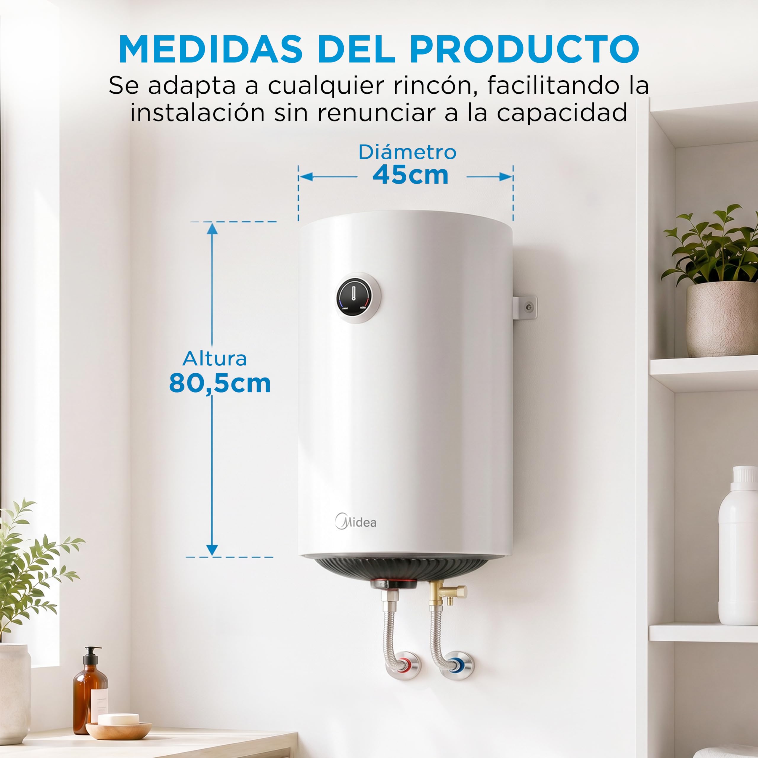MIDEA Termo Eléctrico 80 litros, 1500 W, 80,5 x 45 cm, Depósito de Titanio | Termostato Ajustable, Kit Instalación, Anticorrosión, Calentador de Agua Eléctrico Vertical con Protección Sobrecalentamiento