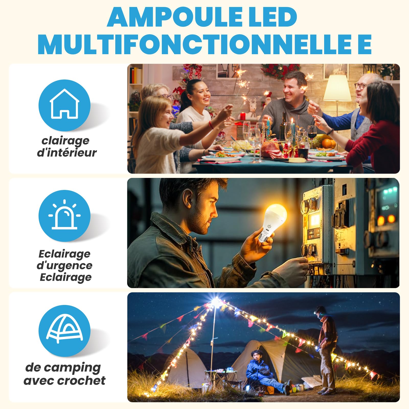 Ampoule Rechargeable E27 avec Télécommande, 3 Températures de Couleur Dimmable Ampoule Batterie Sans fil Rechargeable USB-C pour Urgence, Lampe de Camping, Usage extérieur(Lot de 2)